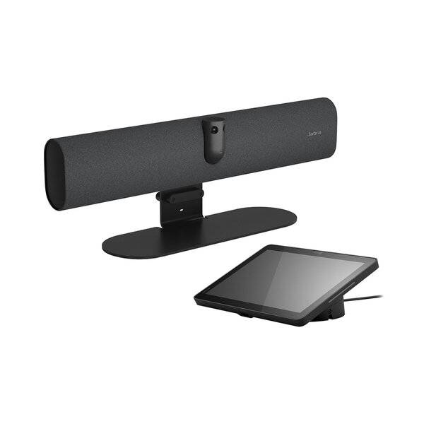 Videkonferenz-Soundbar mit integrierter Kamera und Tabletop-Touch-Controller, dargestellt als Besprechungsraum-Setup auf weißem Hintergrund.