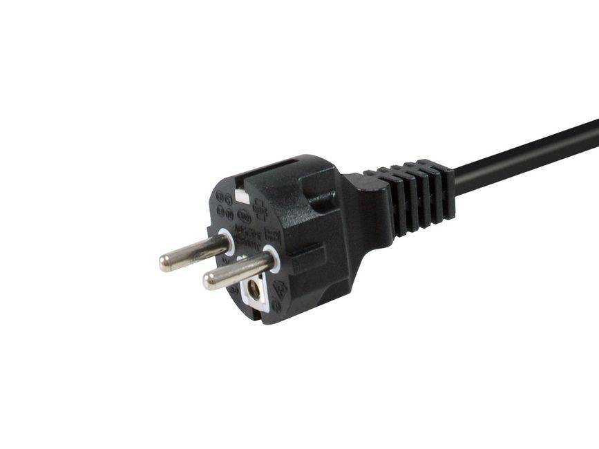 Schwarzer zweipoliger Stromstecker mit angebundenem Kabel auf weißem Hintergrund.