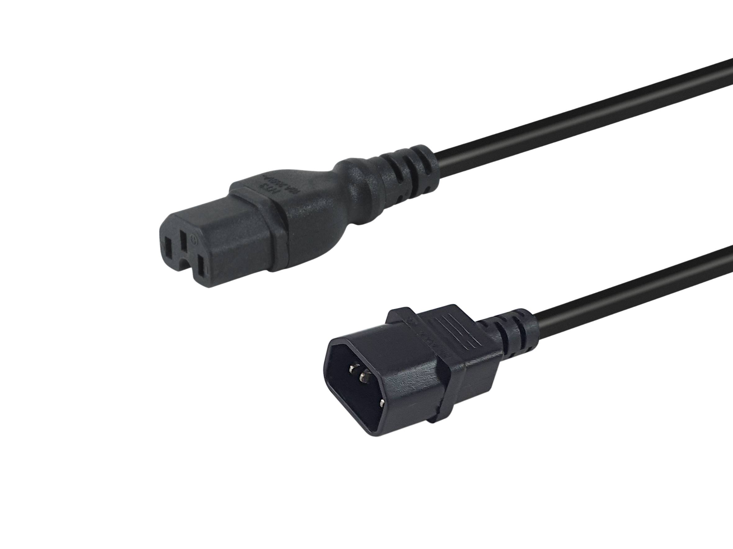 Zwei schwarze Stromkabelanschlüsse auf weißem Hintergrund, dargestellt an den entgegengesetzten Enden ihrer Kabel.