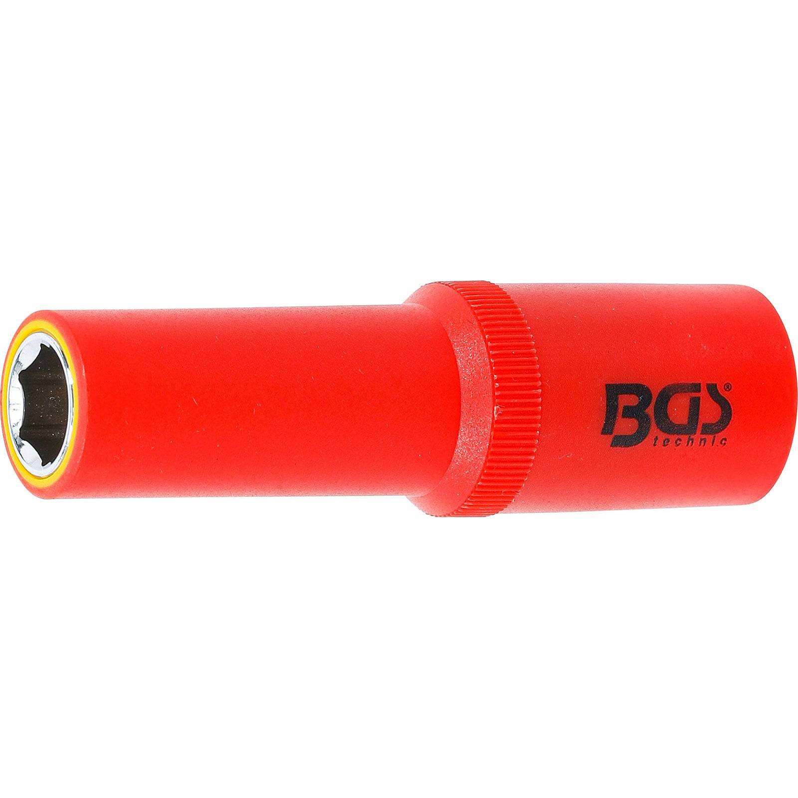 Ein roter BGS Technic Isolierschraubendreher, entwickelt für elektrische Sicherheit, mit einer nichtelektrisch leitenden Ummantelung und sechskantiger Öffnung.