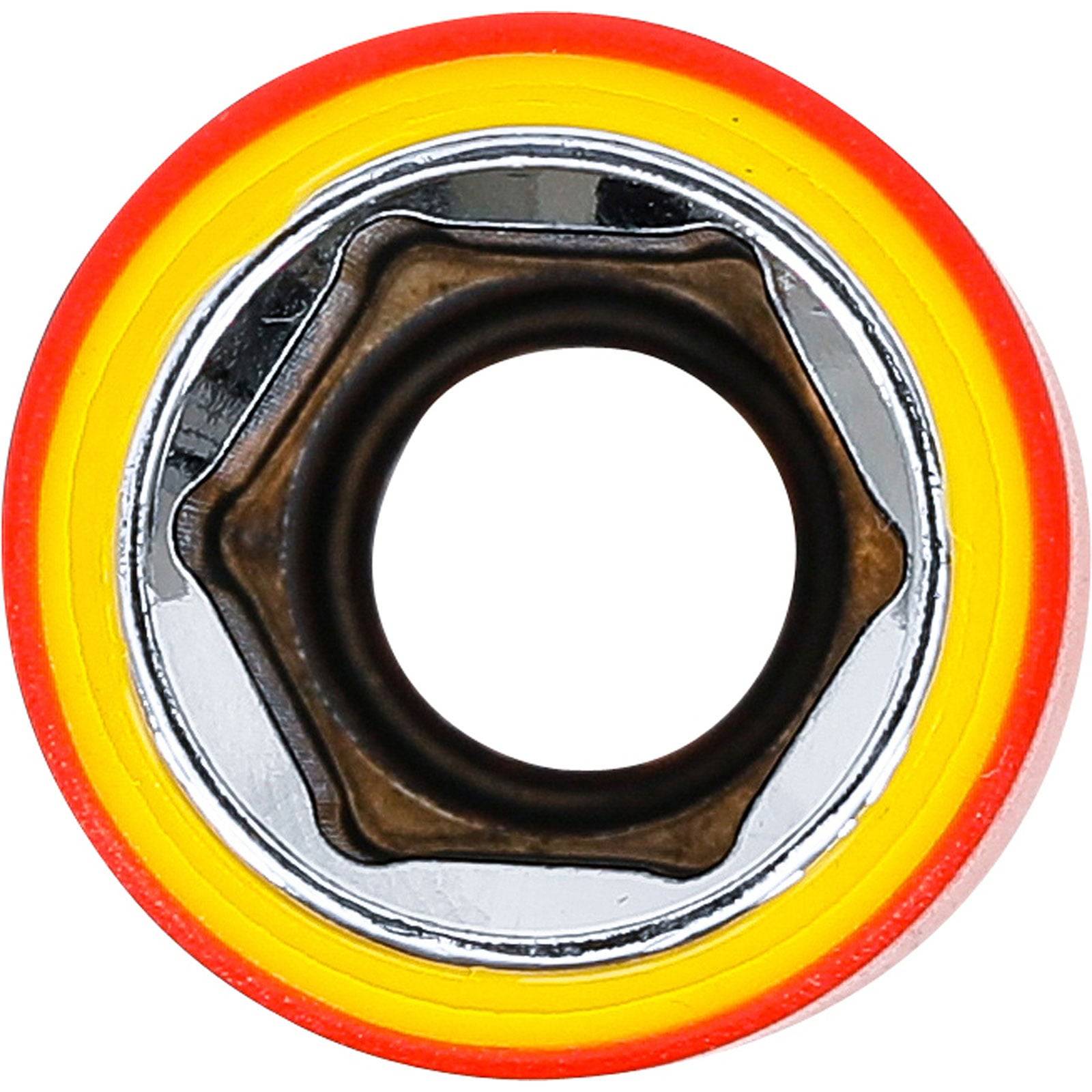 Eine kreisförmige Skateboardlagerung mit einem rot, gelb und silber gehaltenen Design, das einen schwarzen und verchromten Mittelpunkt zur Radanbringung aufweist.