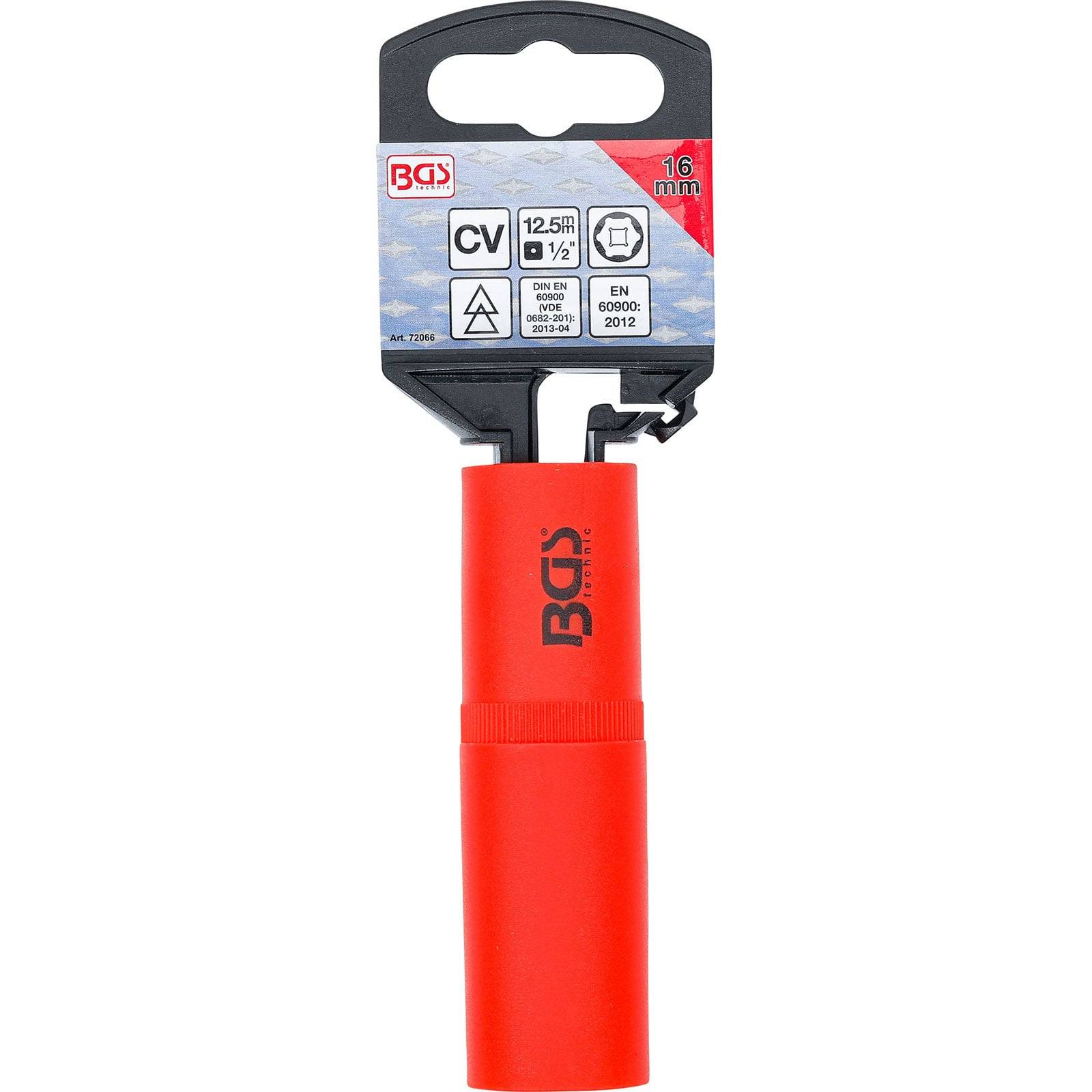 Rote BGS Verlängerung für Steckschlüssel, Größe 16 mm, mit Verpackung, die Details wie ‚CV', ‚Chrom-Vanadium' und Sicherheitssymbole zeigt.