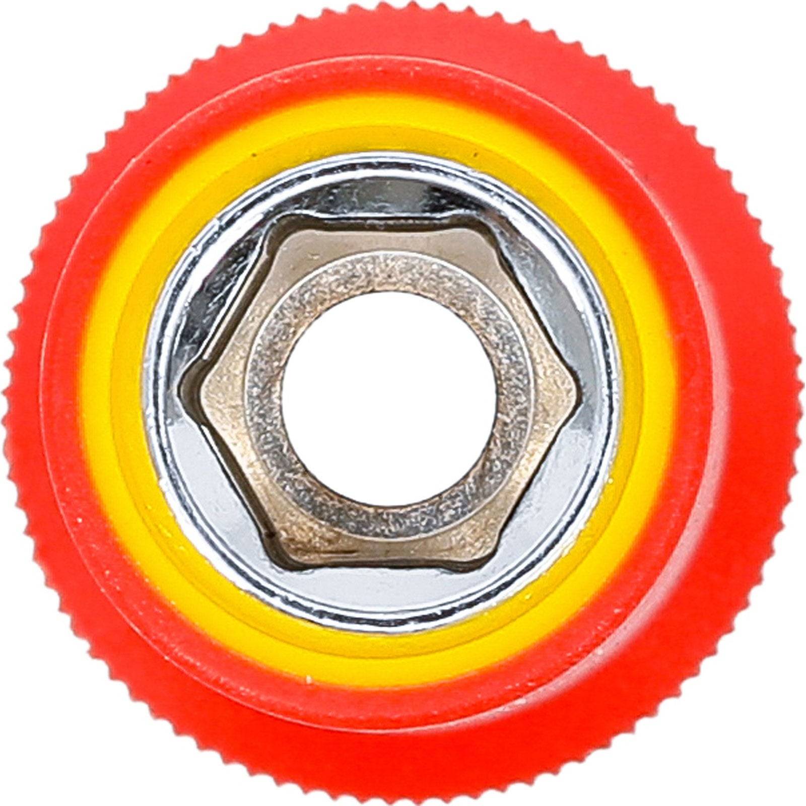 Ein lebhaftes Yo-Yo in Rot, Gelb und Silber, von oben betrachtet, das die zentrale Achse und die runde Gestaltung zeigt.