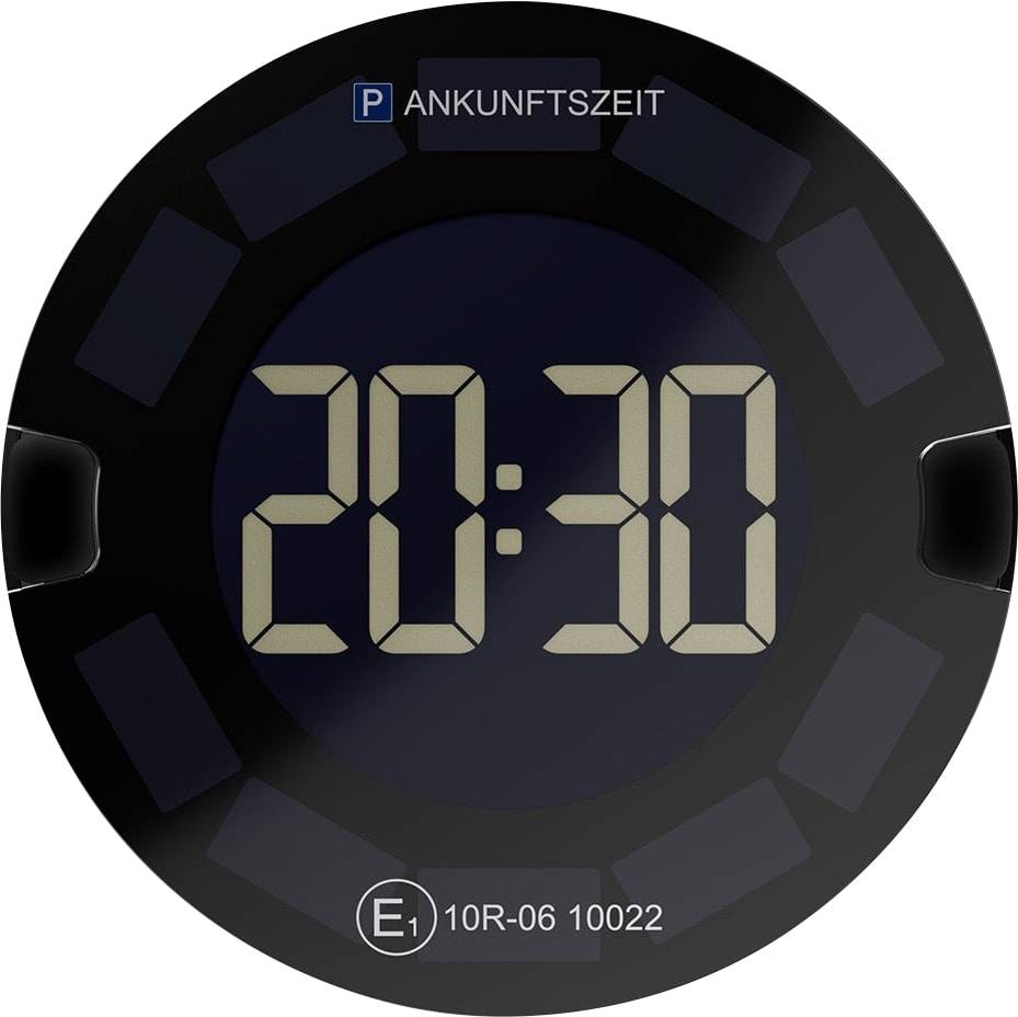 Digitale Parkscheibe zeigt Ankunftszeit 20:30 mit der Bezeichnung 'ANKUNFTSZEIT' oben.