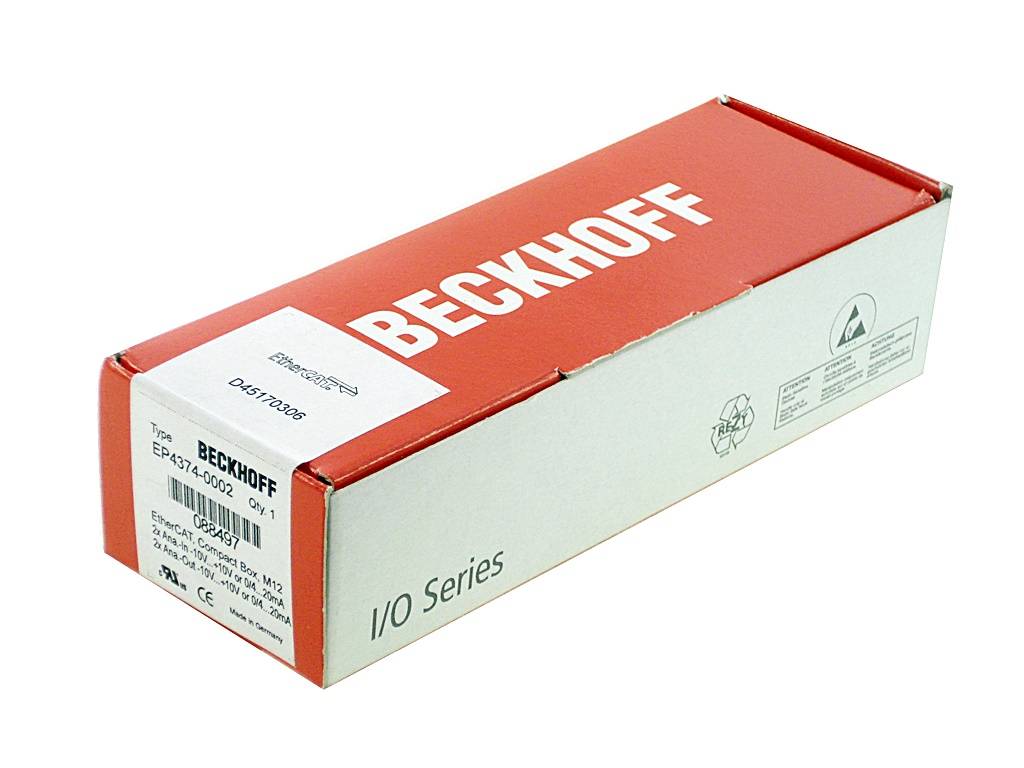Rote und weiße Beckhoff-I/O-Series-Produktverpackung auf weißem Hintergrund.