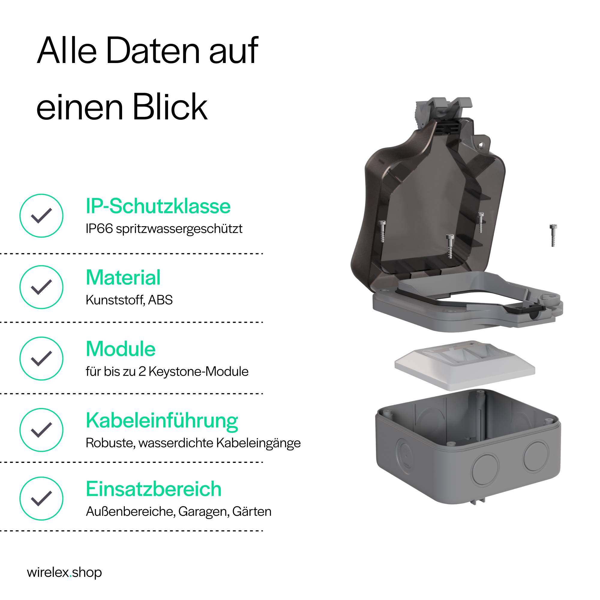 Outdoor Netzwerkdose Set, 2x Dose, 4x Keystone Cat 6a, 2x Outdoor Kabel Cat 6a 45m