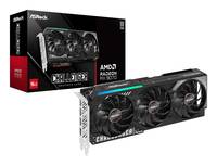 ASRock AMD Radeon-Grafikkarte mit Einzelhandelsverpackung und Triple-Fan-GPU auf weißem Hintergrund.