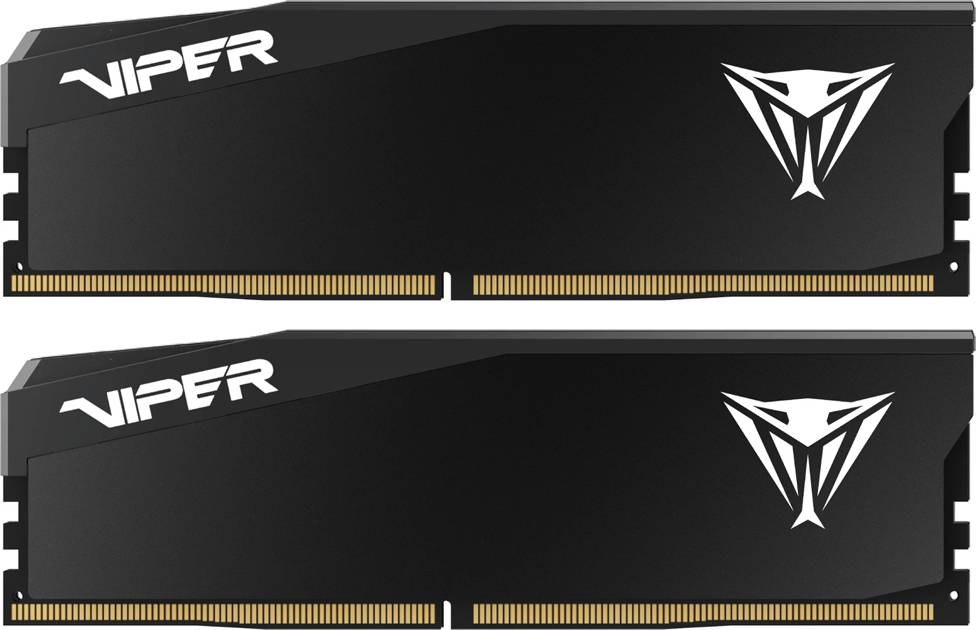 Zwei schwarze Computer-RAM-Sticks mit goldenen Anschlüssen, die ein weißes abstraktes Logo und das Wort „Viper