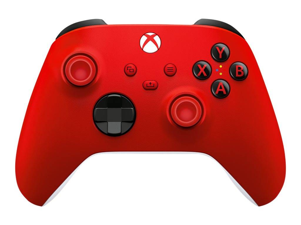 Roter Xbox-Spielcontroller mit schwarzen Tasten, Analogsticks und D-Pad auf weißem Hintergrund.