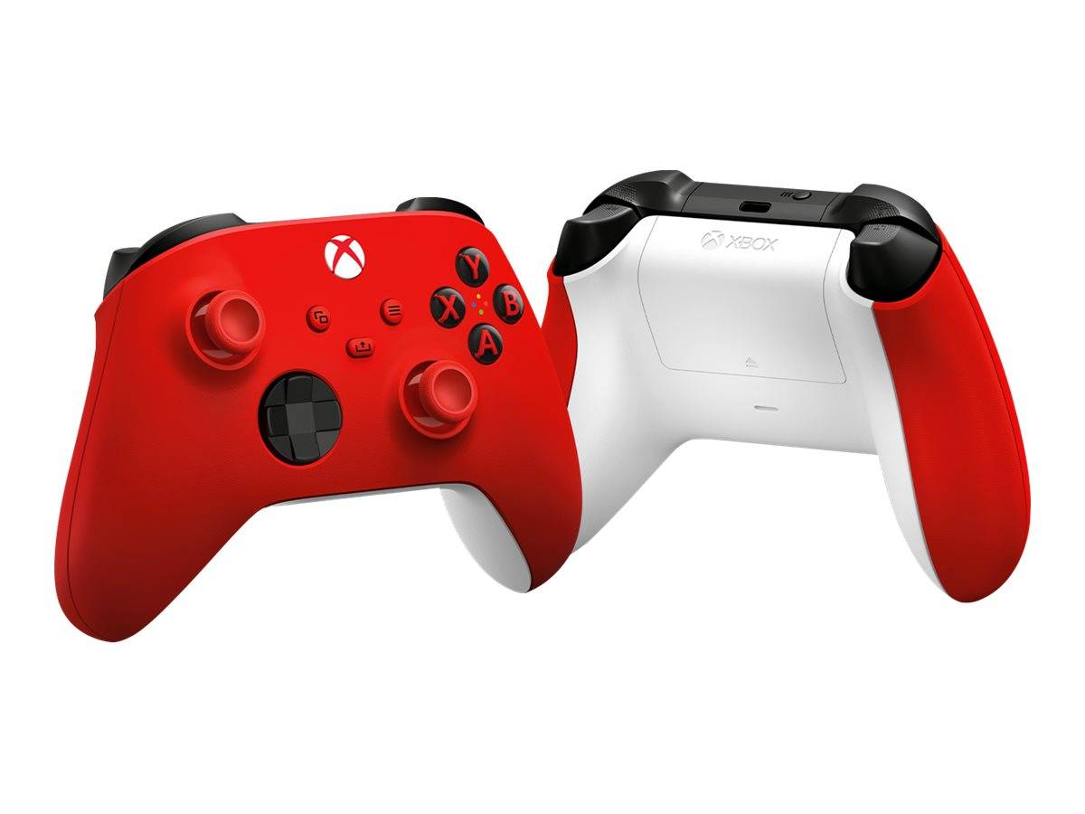 Vorder- und Rückansicht eines rot-weißen Xbox-Spielecontrollers mit schwarzen Analogsticks und Tasten auf weißem Hintergrund.
