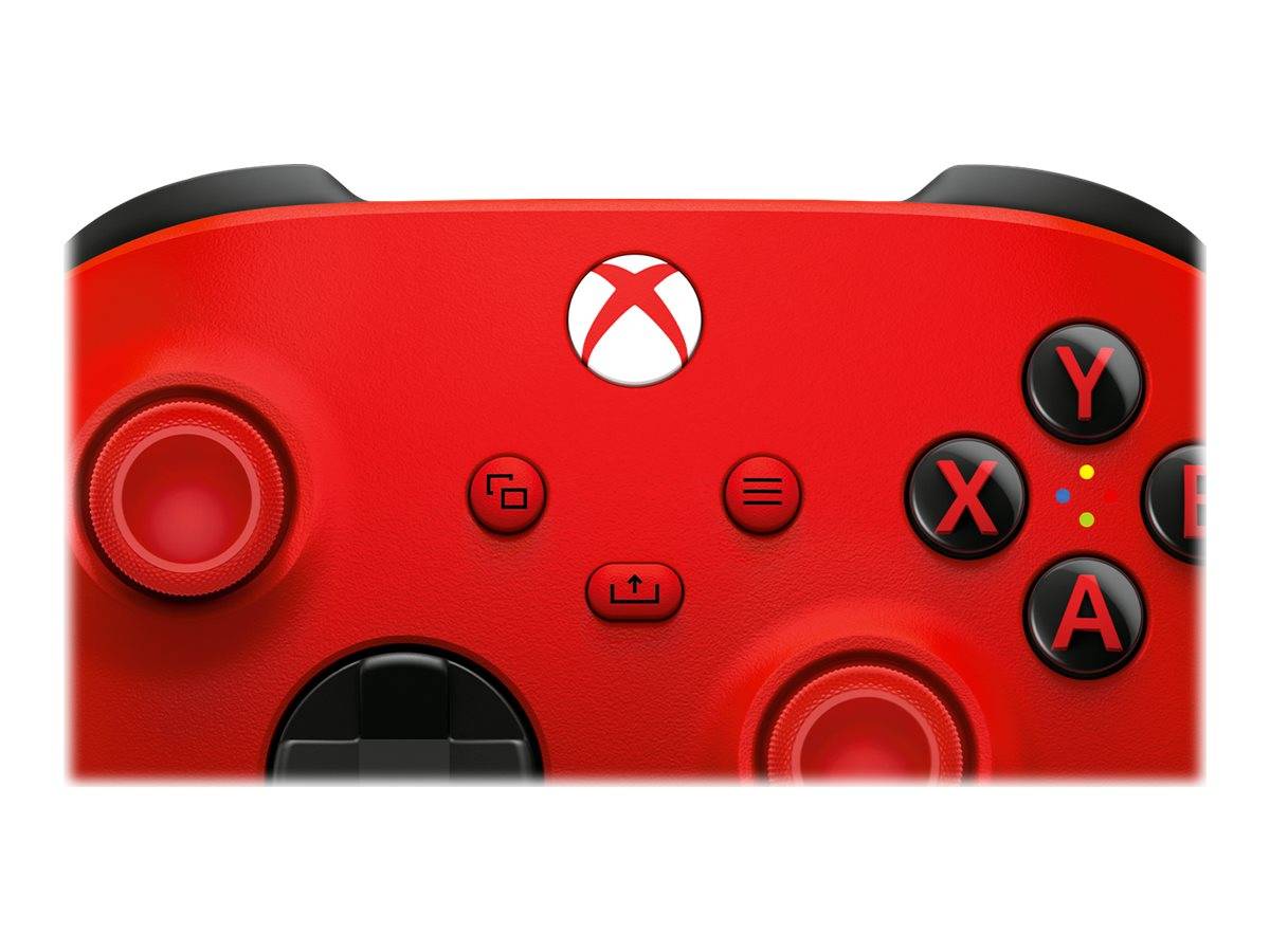 Nahaufnahme eines roten Xbox-ähnlichen Spielcontrollers mit dem linken Analogstick, dem Xbox-Logo und den Gesichtsschaltflächen mit den Beschriftungen Y, X, A und einem Teil von B.