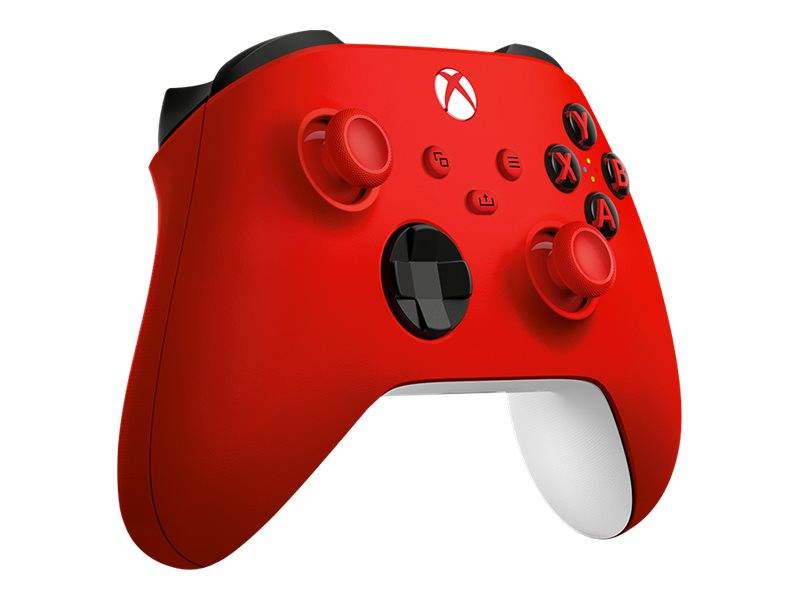 Roter Xbox-Spielcontroller mit schwarzen Akzenten und weißer Unterseite, gezeigt vor einem schlichten weißen Hintergrund.