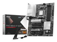 MSI PRO B840-P WIFI Motherboard mit Einzelhandelskarton, kabelloser Antenne und mitgeliefertem Kabel auf weißem Hintergrund.