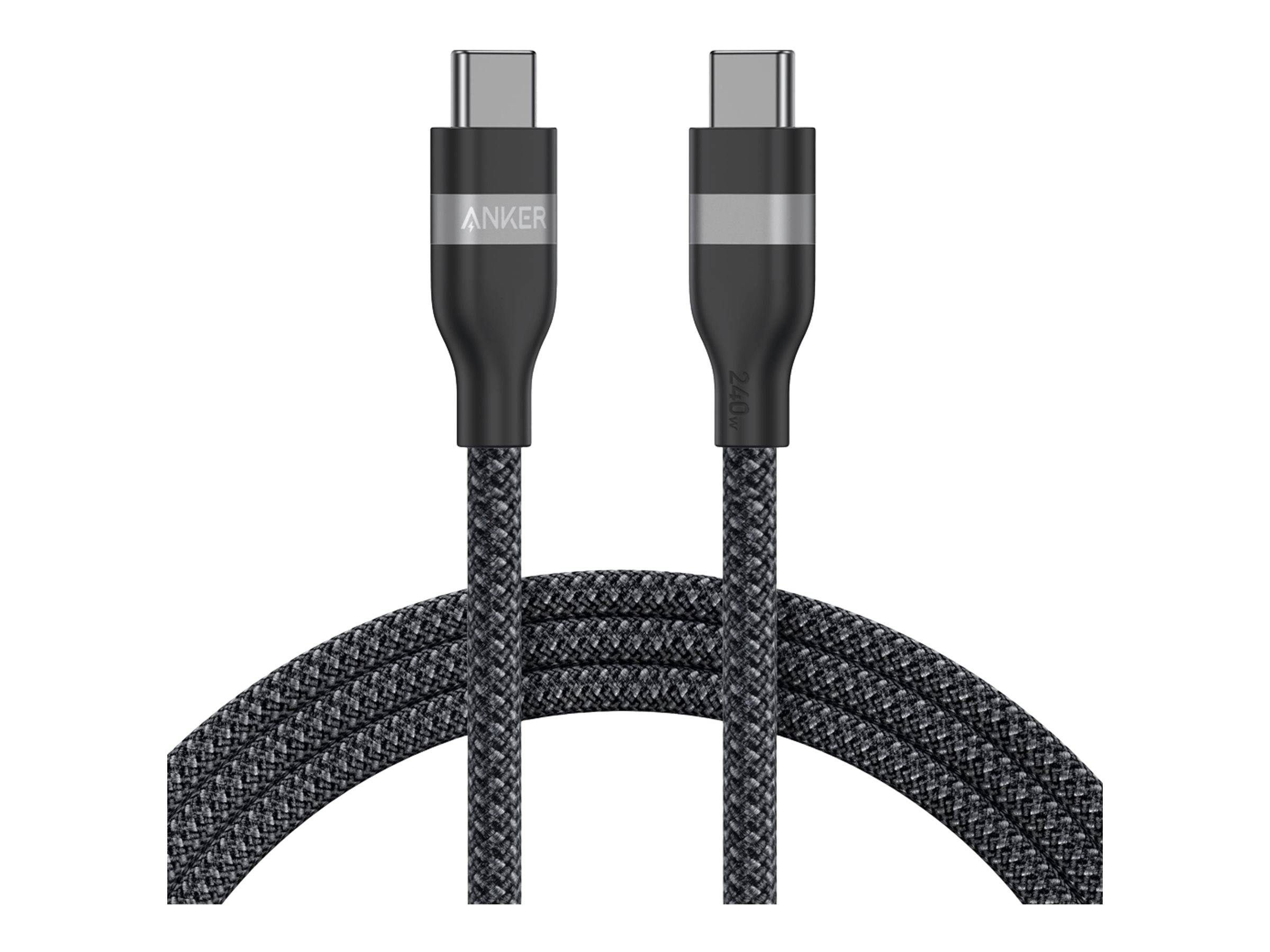Schwarzes geflochtenes Anker USB-C-Kabel mit passenden Steckverbindern, aufgerollt vor weißem Hintergrund dargestellt.