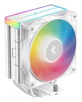 Computer-CPU-Kühler mit einem RGB-Regenbogenlüfter, der auf einem Kühlkörper montiert ist, dargestellt als produktstilisiertes Bild auf weißem Hintergrund.