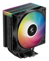Schwarzer CPU-Kühler mit regenbogenfarbigem RGB-Lüfter und Lamellenkühler, dargestellt auf weißem Hintergrund.