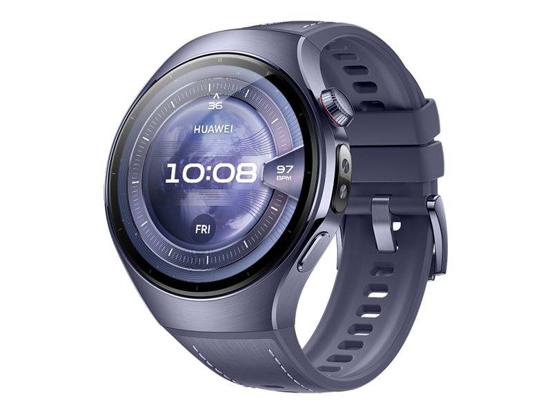 Eine silberne Smartwatch, die '10:08', 'FRI' und '97 BPM' auf ihrem runden Display zeigt, mit dem Markennamen, der oben auf dem Bildschirm sichtbar ist.