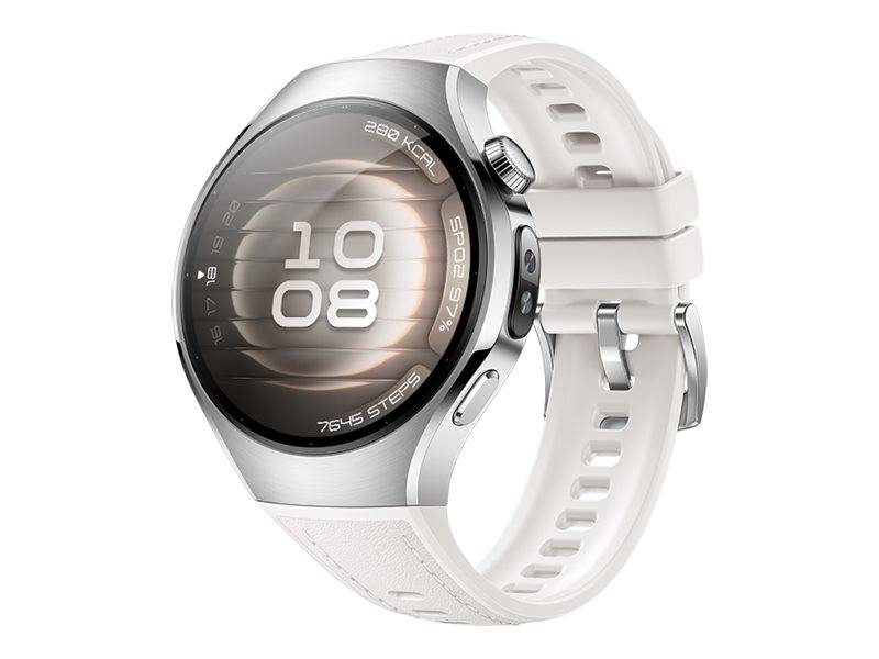 Eine weiße Smartwatch zeigt die Zeit '10:08' mit zusätzlichen Metriken wie Kalorien und Schritten auf dem Bildschirm und verfügt über einen eleganten Metallrahmen.