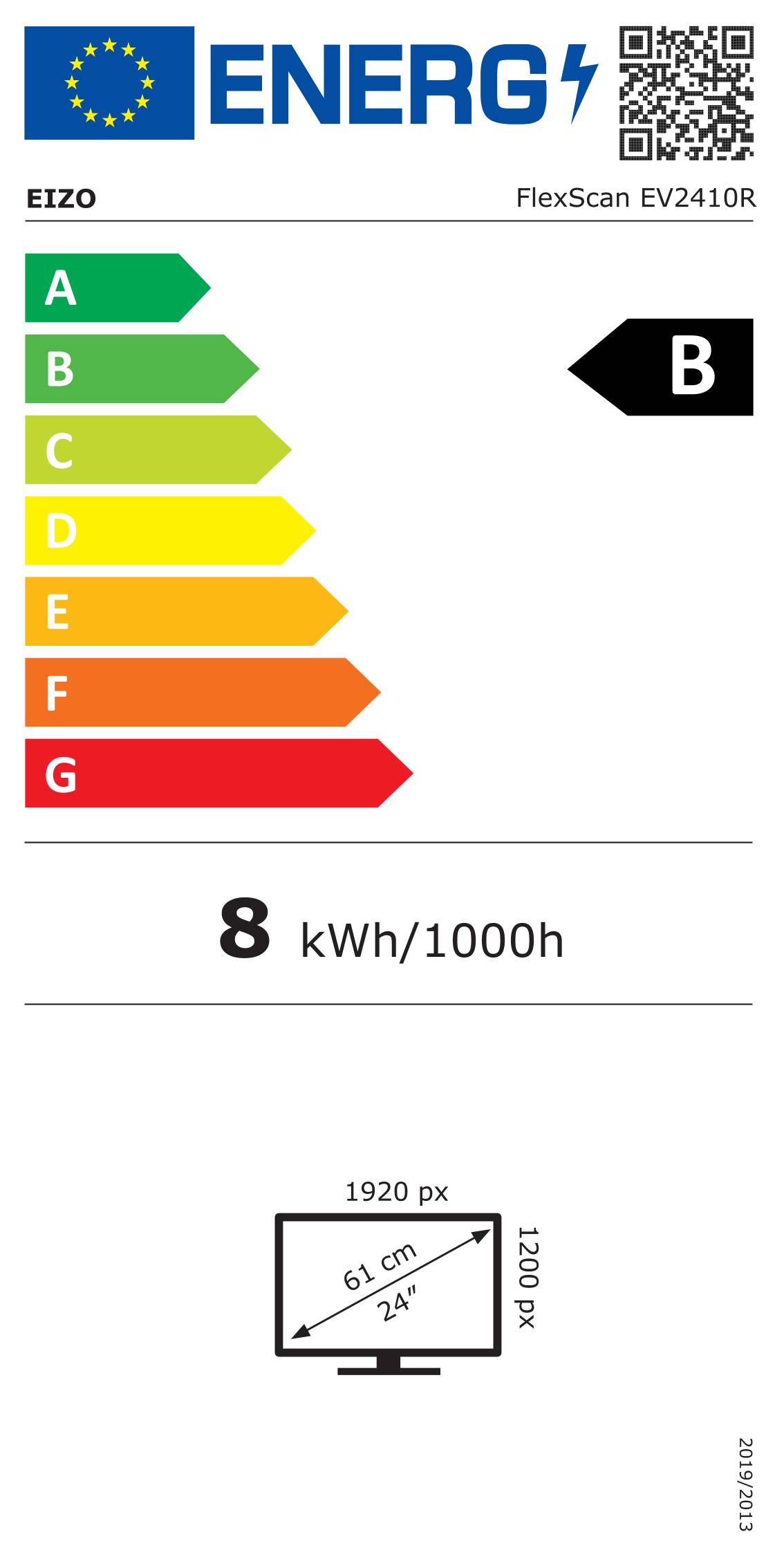 Eine Energieeffizienzlabel mit einer Bewertung für ein Produkt als ‚B' und einem Energieverbrauch von 8 kWh/100h.