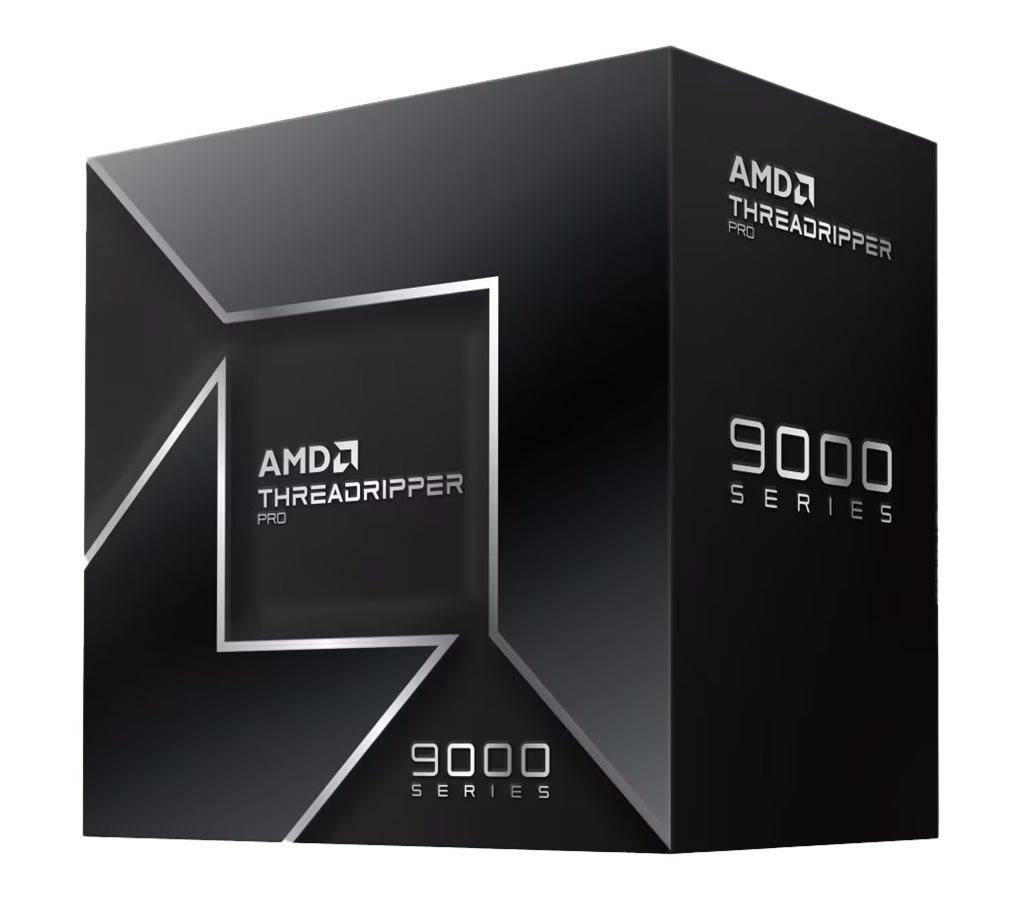 Verpackung der AMD Threadripper Pro 9000 Series Prozessors, mit schwarzem und silbernem Design und dem prominent platzierten AMD-Logo.