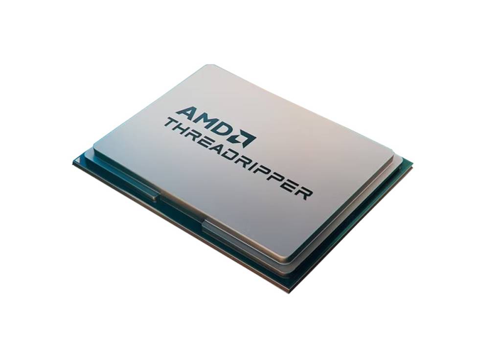 Eine silberne AMD Threadripper CPU, bekannt für High-Performance-Computing, aus einem angeschnittenen Draufsicht-Winkel.