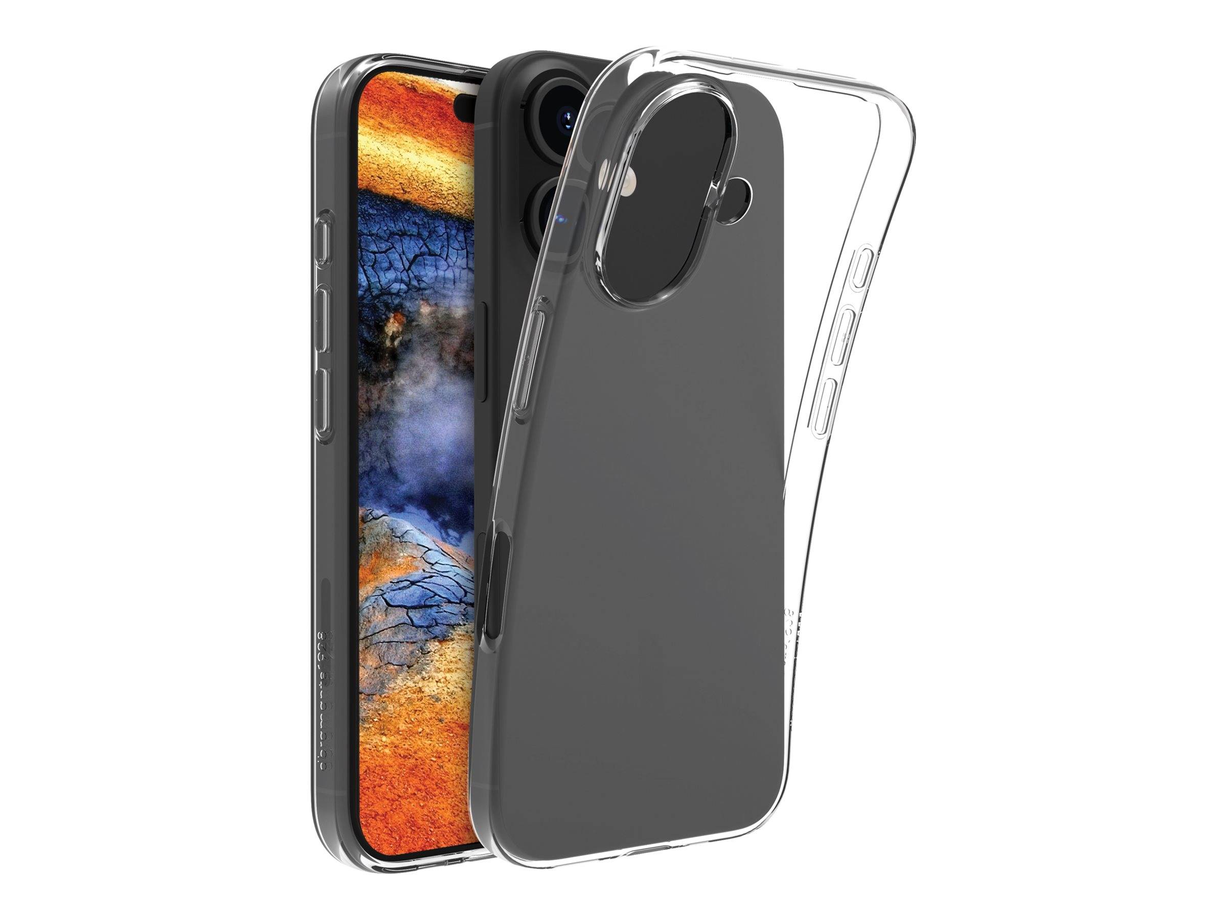 Ein Smartphone mit einem robusten, abstrakten Hintergrund auf dem Bildschirm, teilweise von einem transparenten Schutzgehäuse verdeckt, wobei die Seitentasten sichtbar sind.