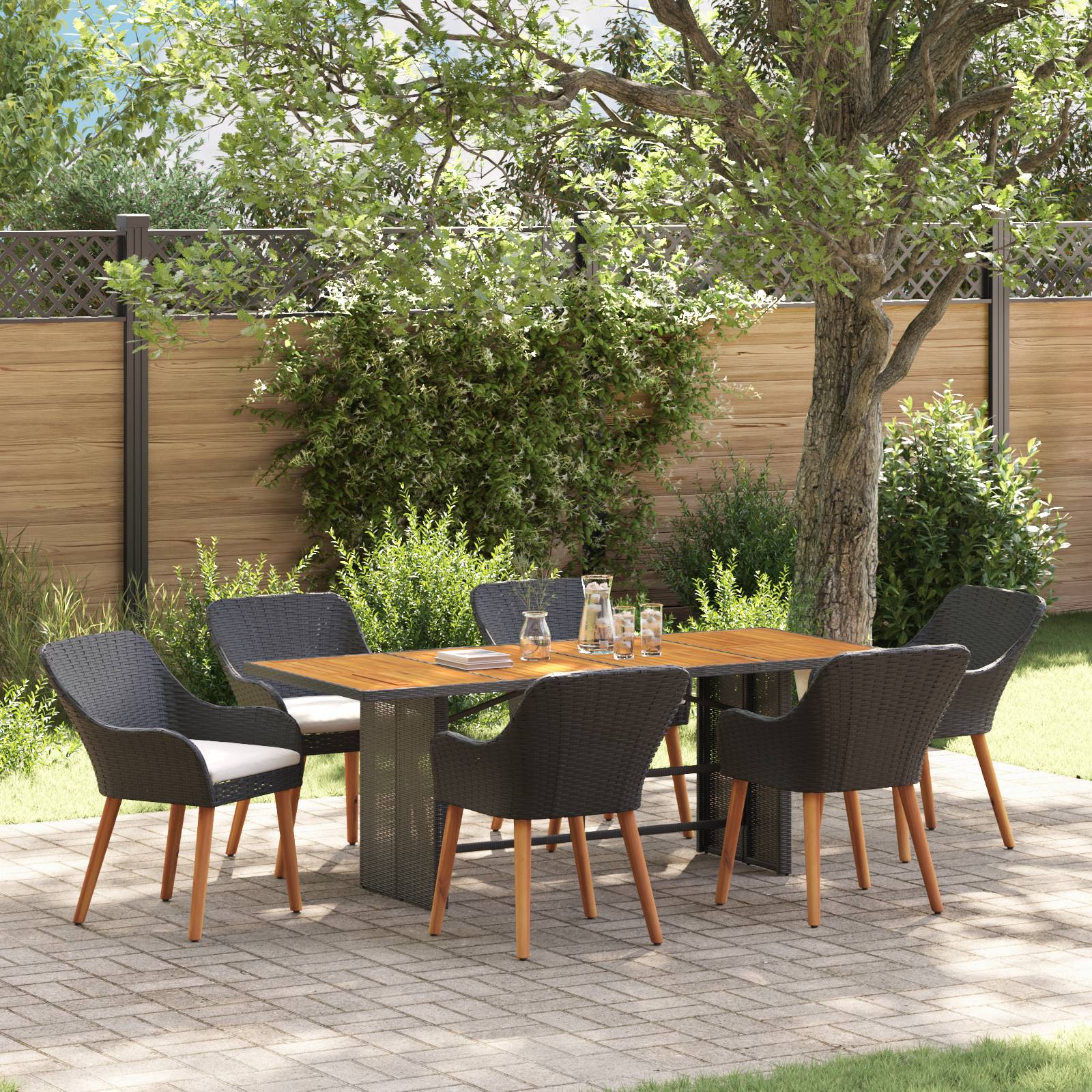 vidaXL 7-teiliges Garten Essgruppe Schwarz Poly-Rattan