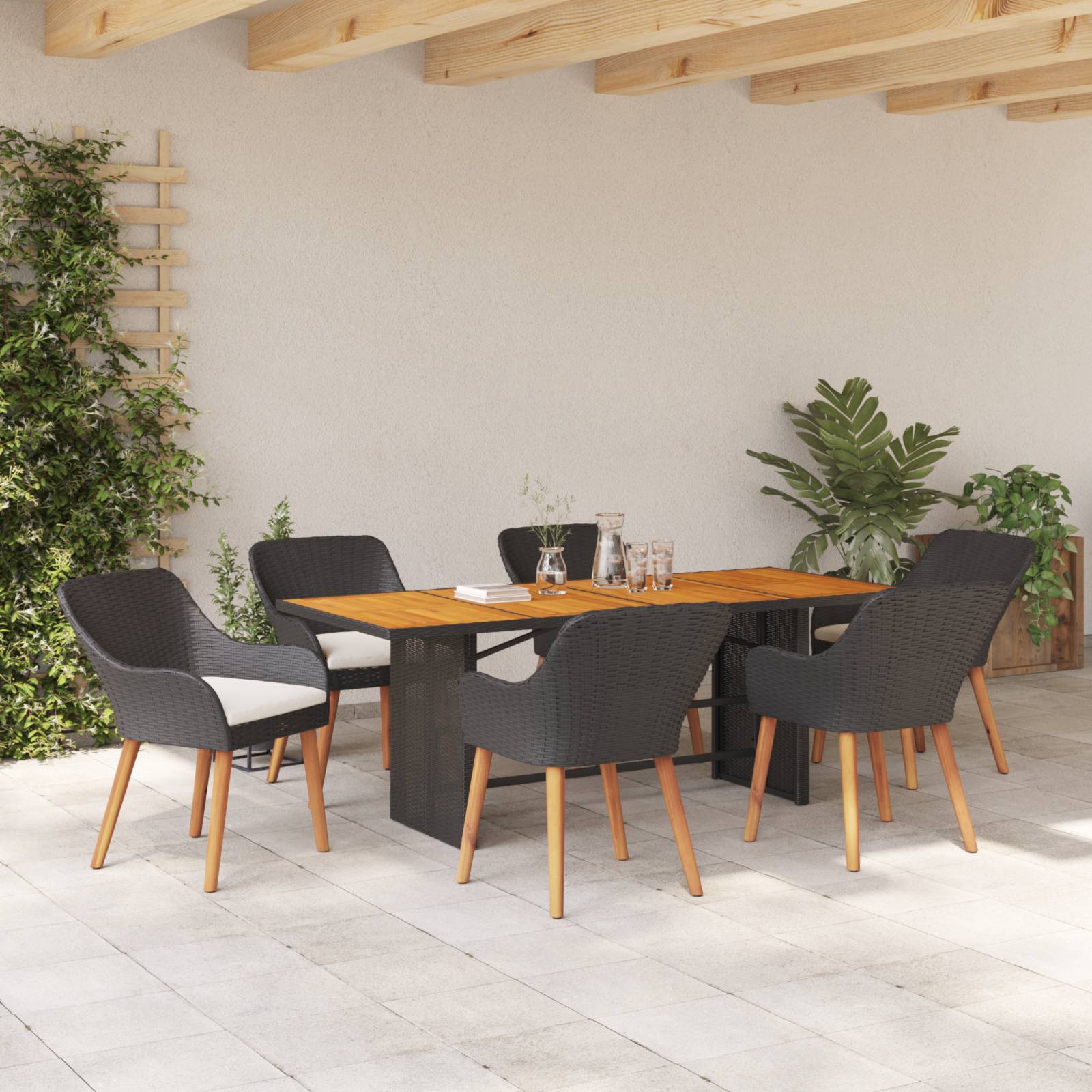 vidaXL 7-teiliges Garten Essgruppe Schwarz Poly-Rattan