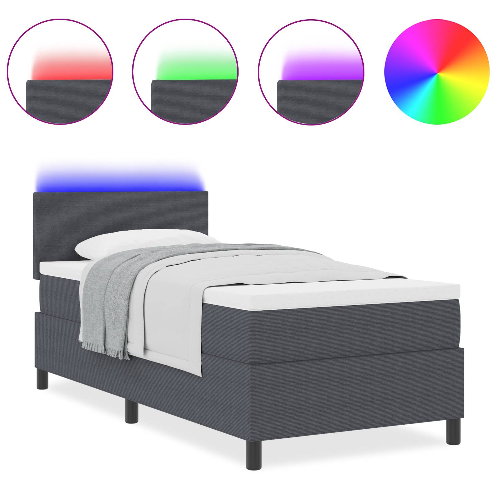 vidaXL LED Boxspringbett mit Matratze Dunkelgrau 90x200 cm Cordstoff