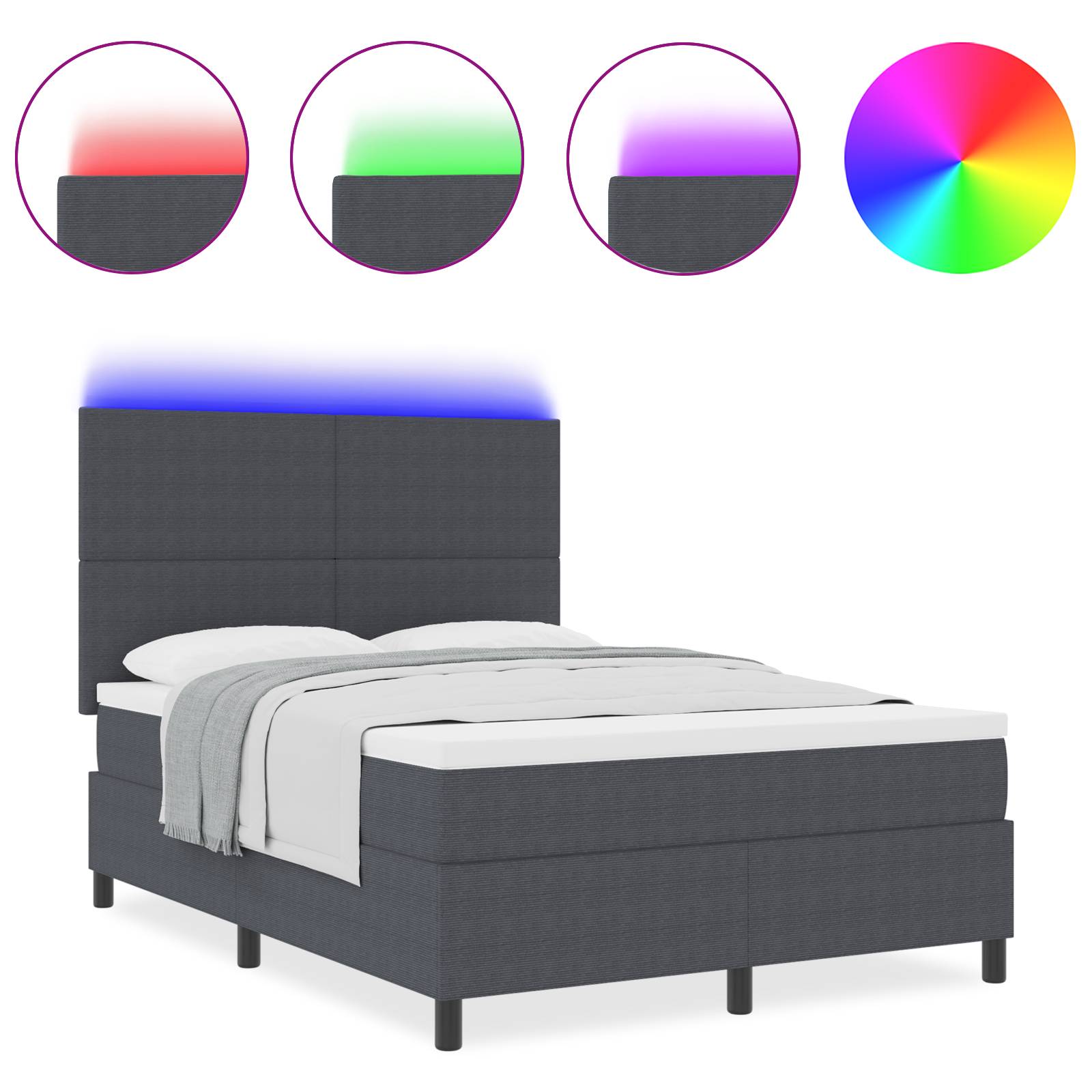 vidaXL Boxspringbett mit Matratze & LED Dunkelgrau 140x200 cm Cord-Stoff