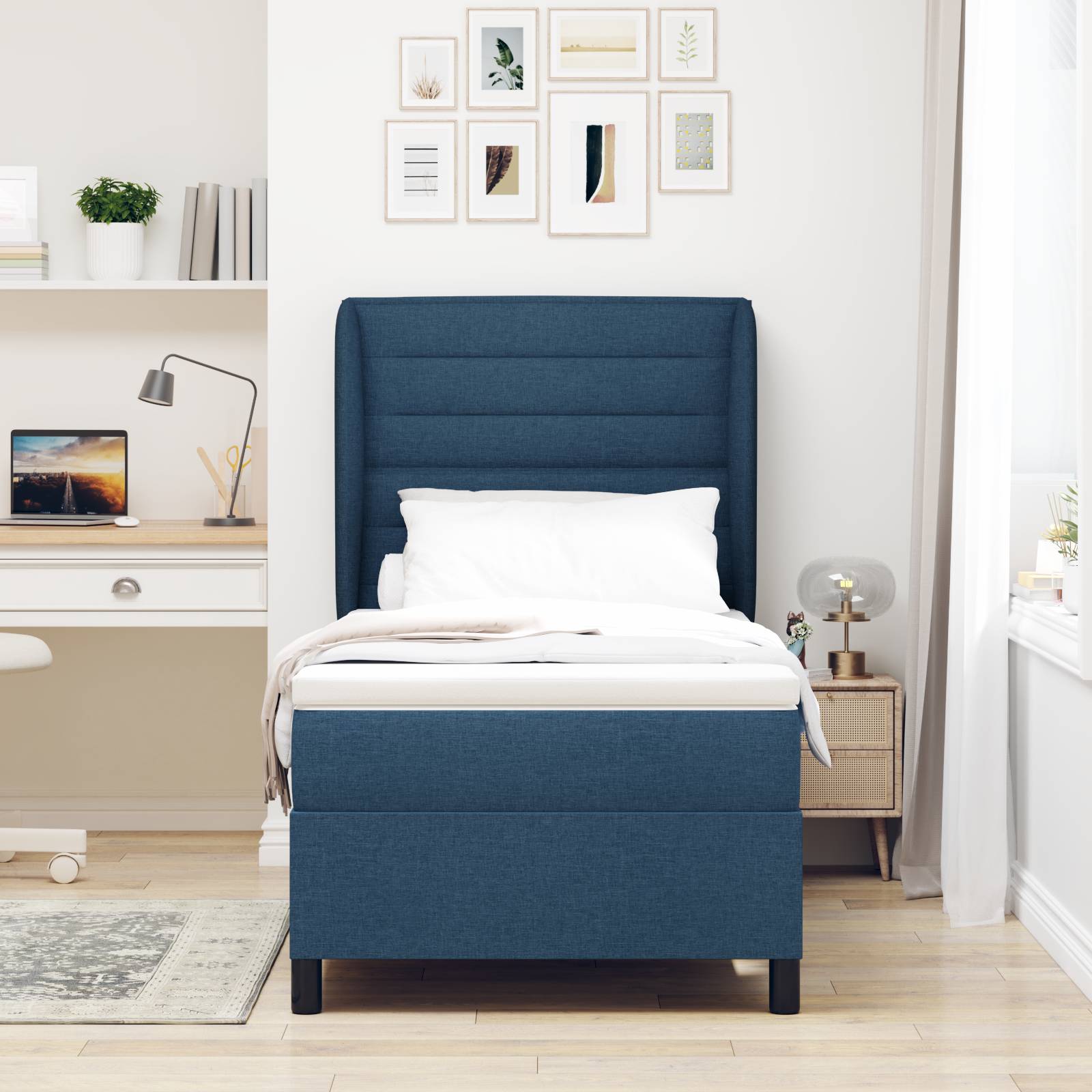 vidaXL Boxspringbett mit Matratze Blau 90x200 cm Stoff