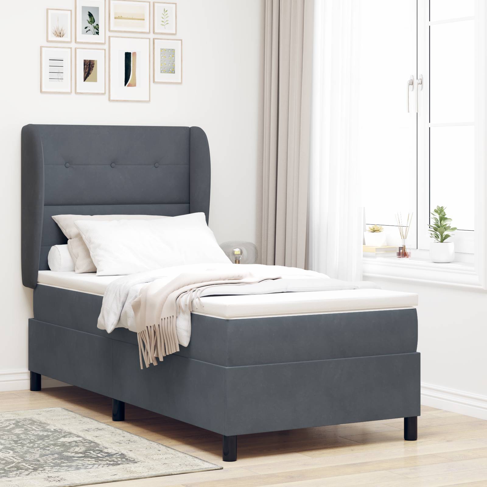 vidaXL Boxspringbett mit Matratze Dunkelgrau 100x200 cm Samt