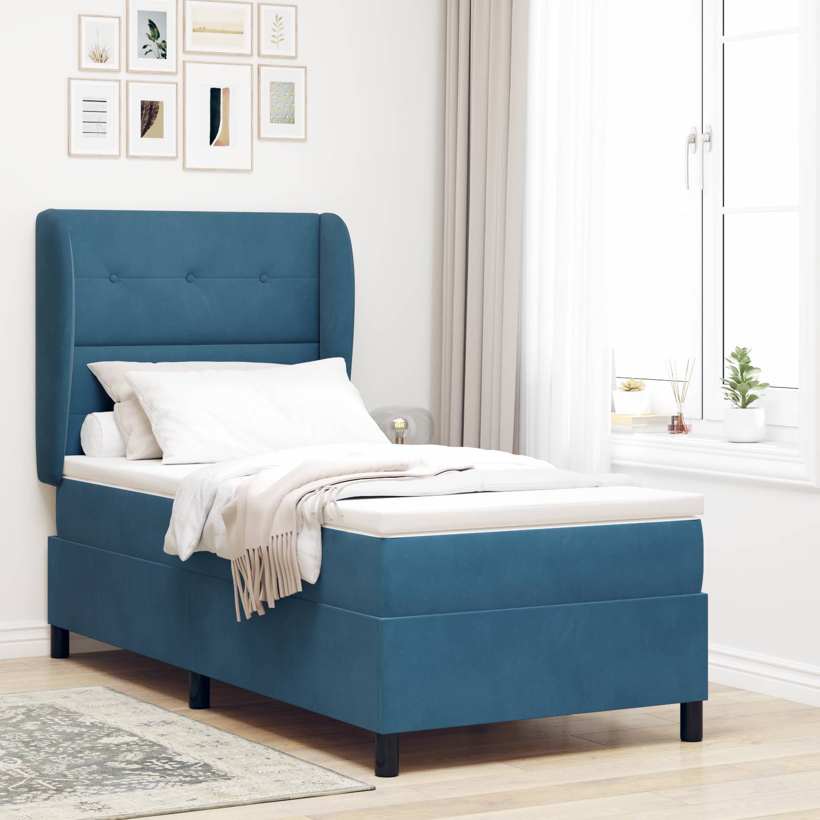 vidaXL Boxspringbett mit Matratze Dunkelblau 90x200 cm Samt