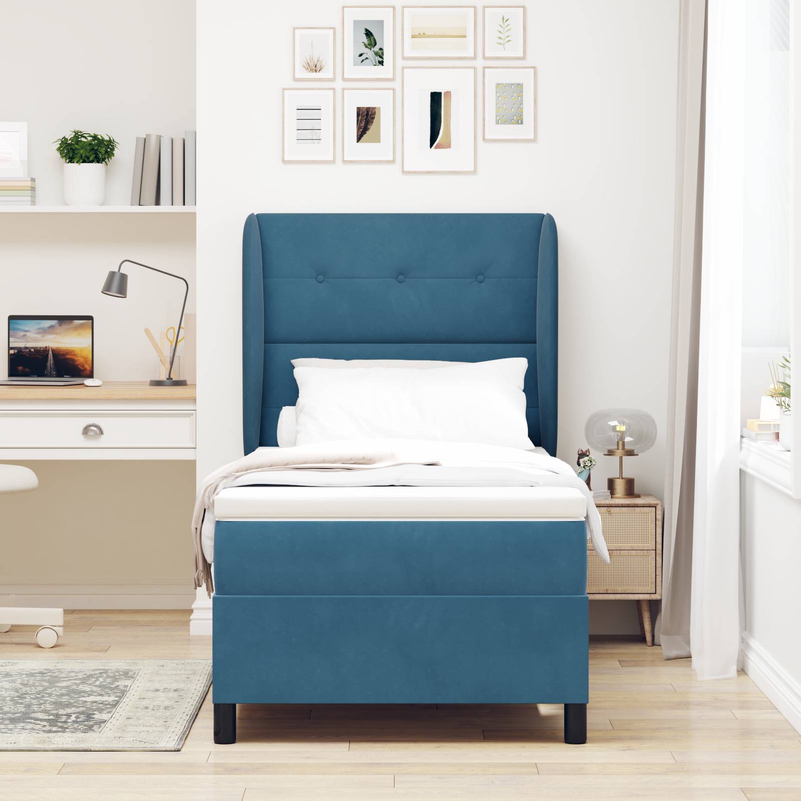 vidaXL Boxspringbett mit Matratze Dunkelblau 90x200 cm Samt