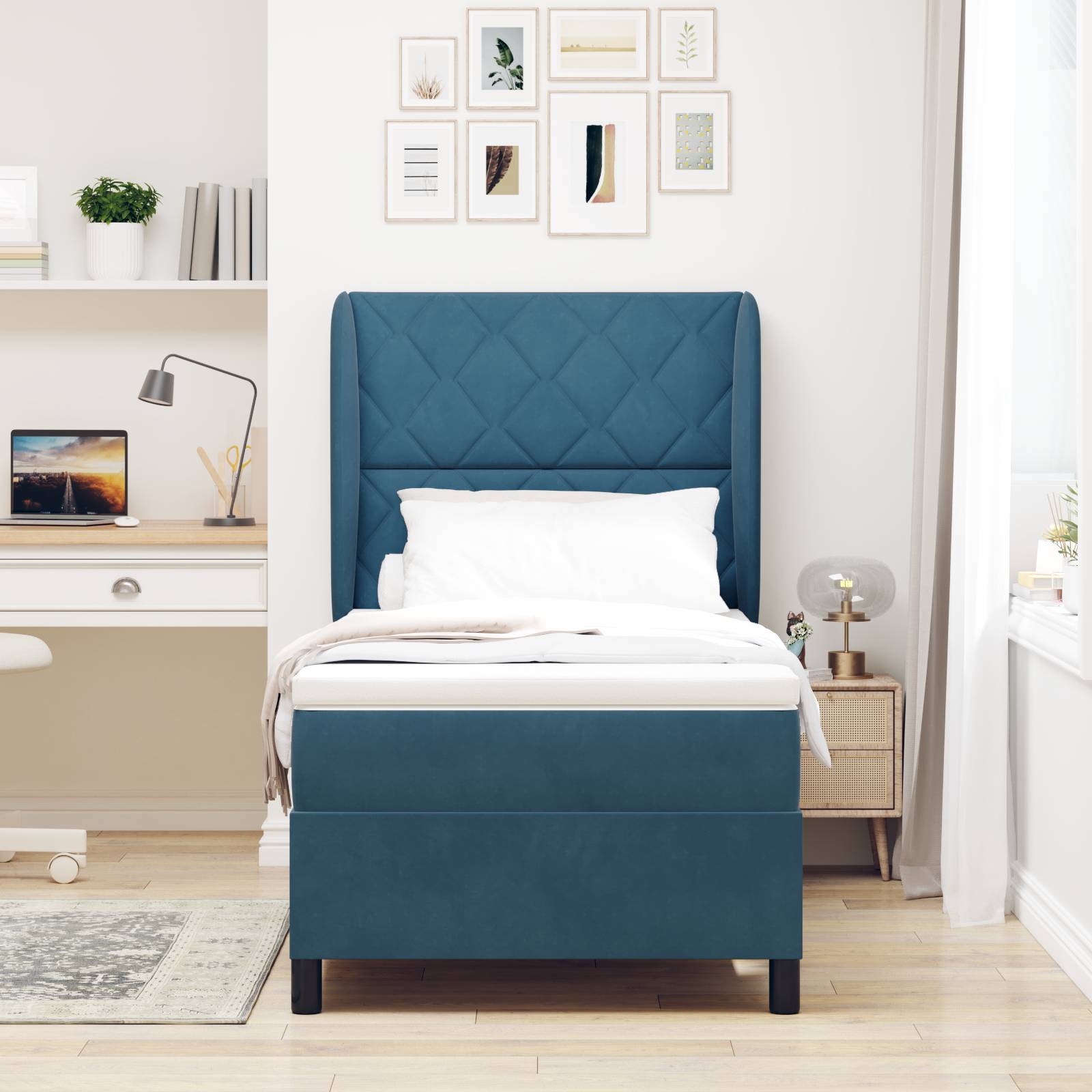 vidaXL Boxspringbett mit Matratze Dunkelblau 100x200 cm Samt