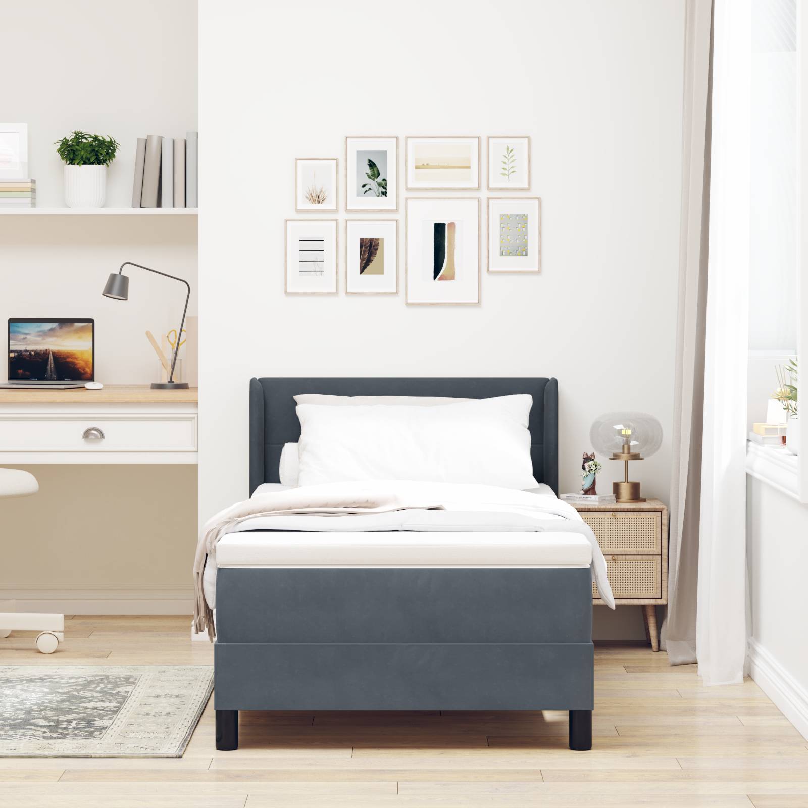 vidaXL Boxspringbett mit Matratze Dunkelgrau 90x200 cm Samt