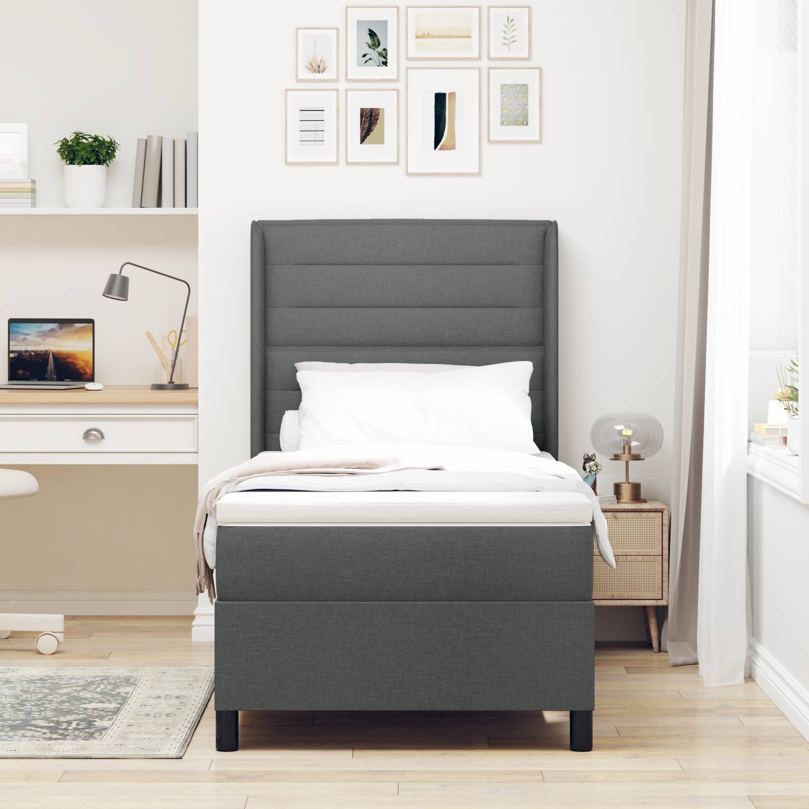 vidaXL LED Boxspringbett mit Matratze Dunkelgrau 80x200 cm Stoff
