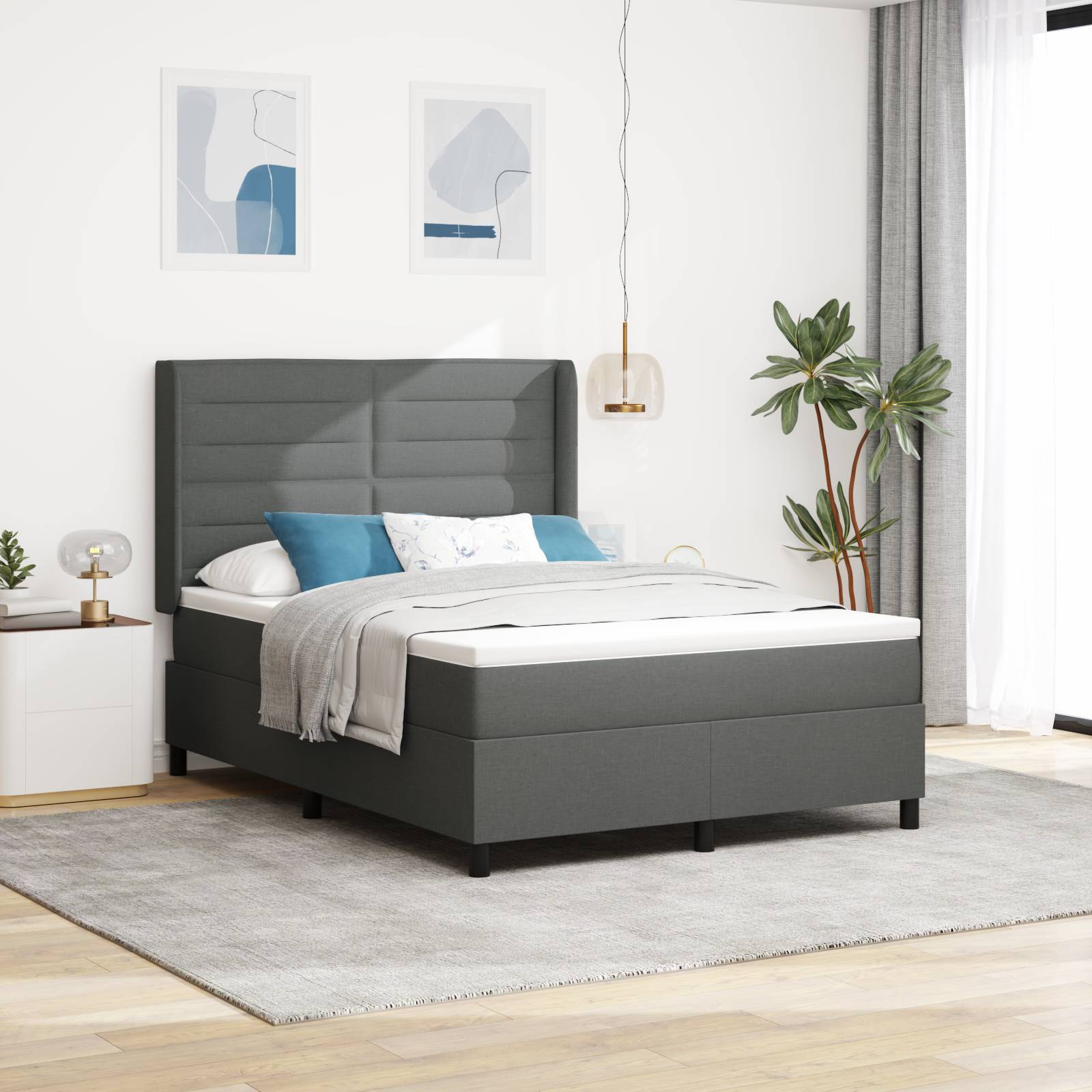 vidaXL LED Boxspringbett mit Matratze Dunkelgrau 160x200 cm Stoff