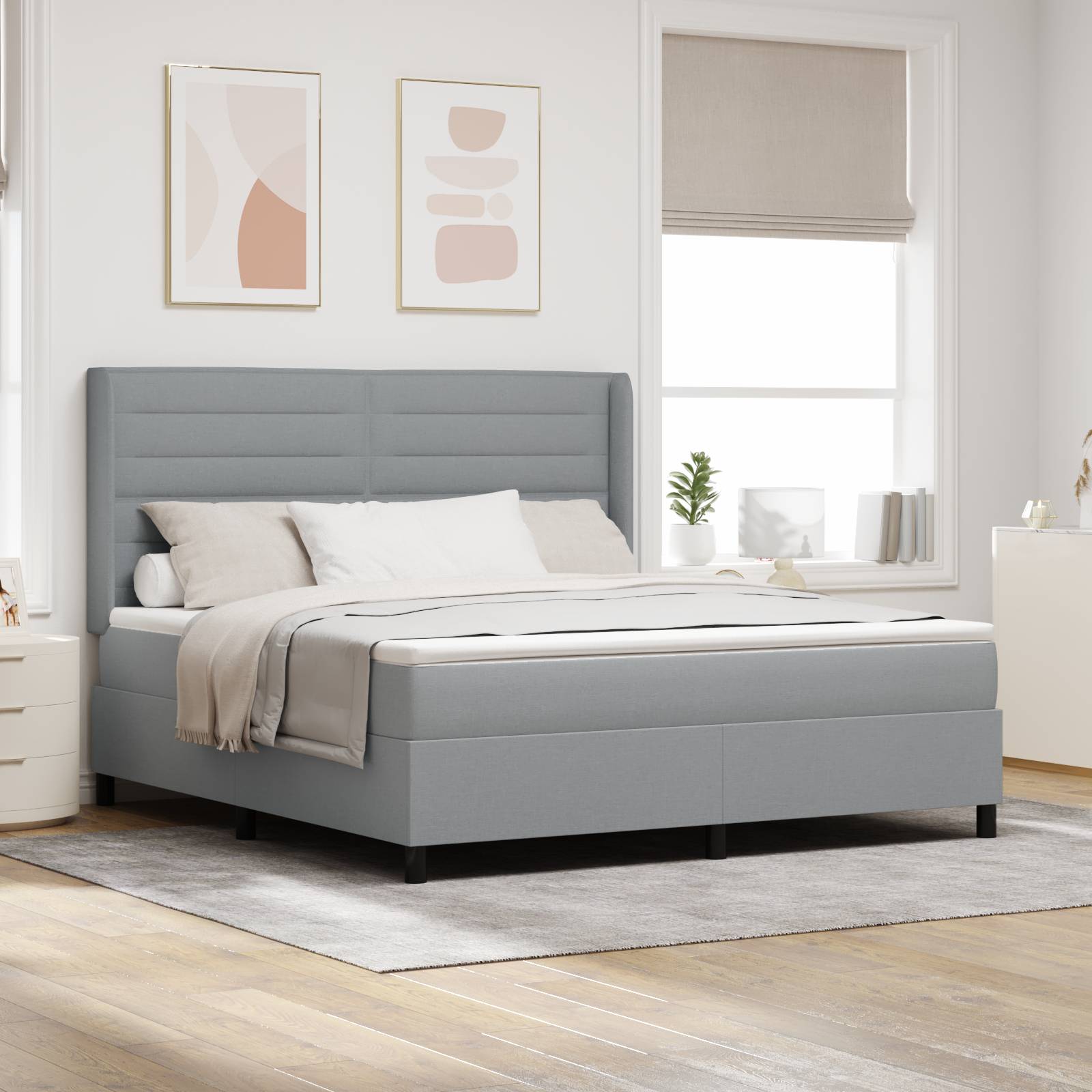 vidaXL LED Boxspringbett mit Matratze Hellgrau 180x200 cm Stoff