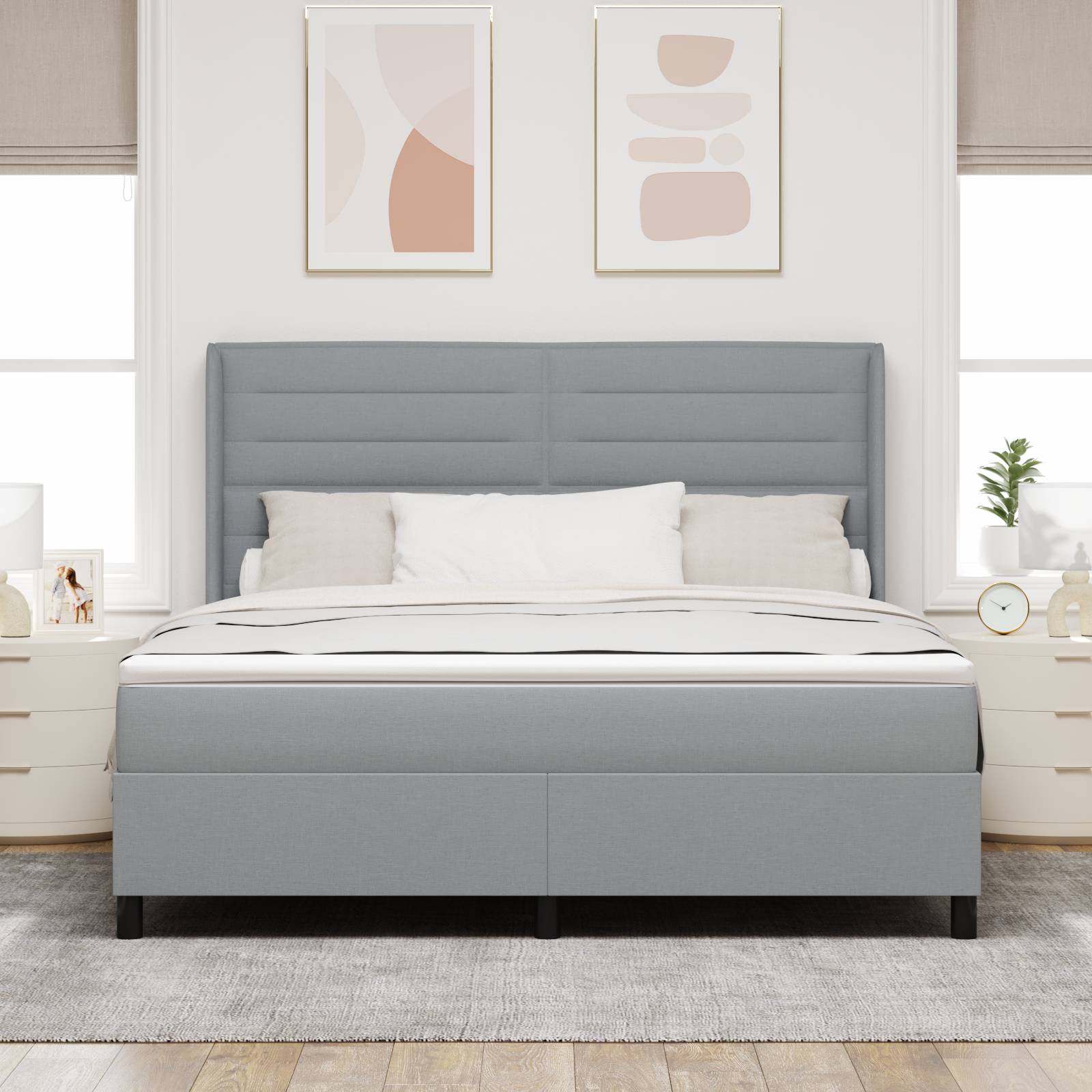 vidaXL LED Boxspringbett mit Matratze Hellgrau 180x200 cm Stoff