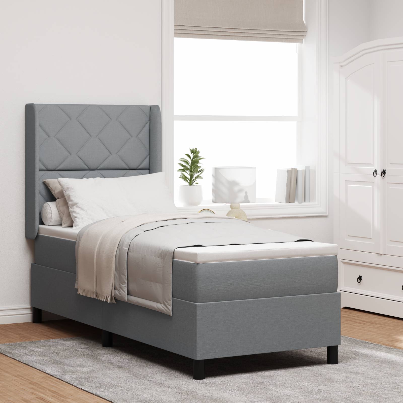 vidaXL LED Boxspringbett mit Matratze Hellgrau 90x190 cm Stoff