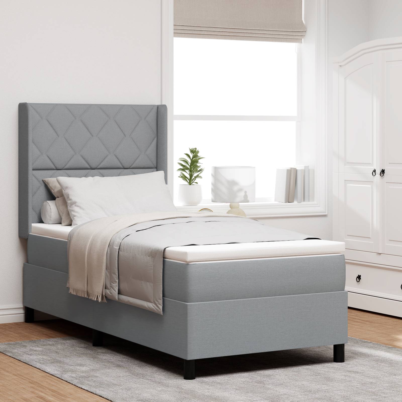 vidaXL LED Boxspringbett mit Matratze Hellgrau 100x200 cm Stoff