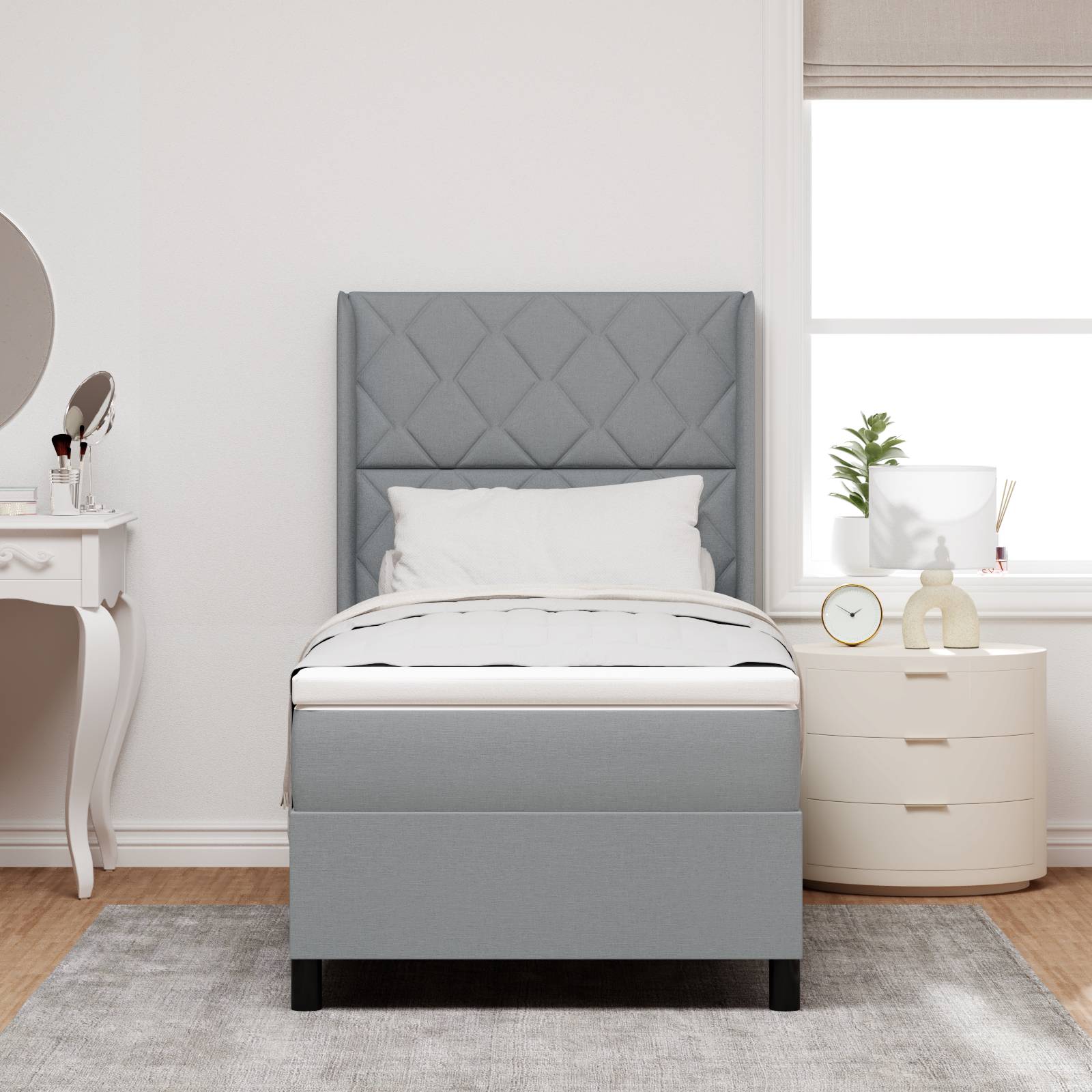 vidaXL LED Boxspringbett mit Matratze Hellgrau 100x200 cm Stoff