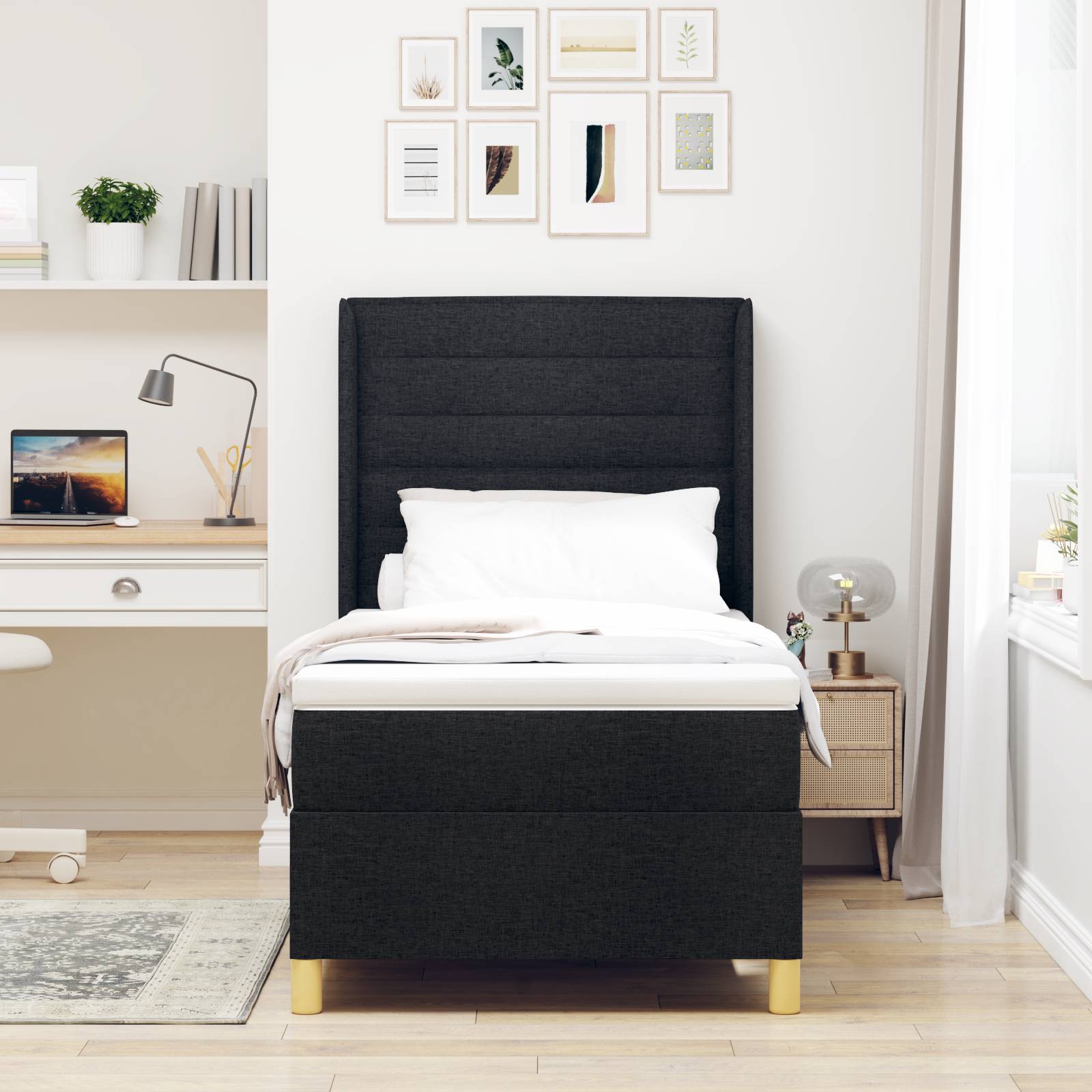 vidaXL Boxspringbett mit Matratze Schwarz 90x190 cm Stoff