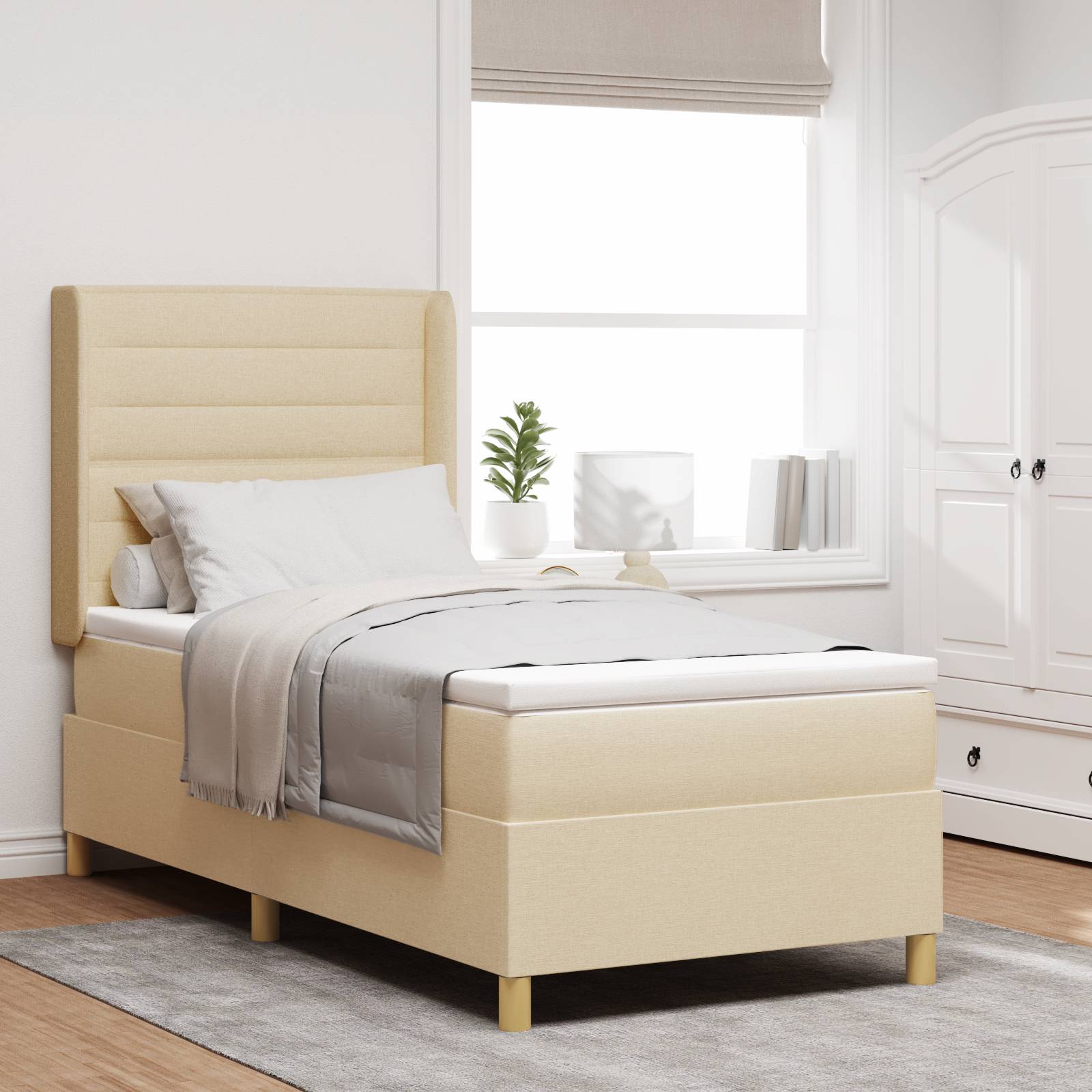 vidaXL LED Boxspringbett mit Matratze Creme 100x200 cm Stoff