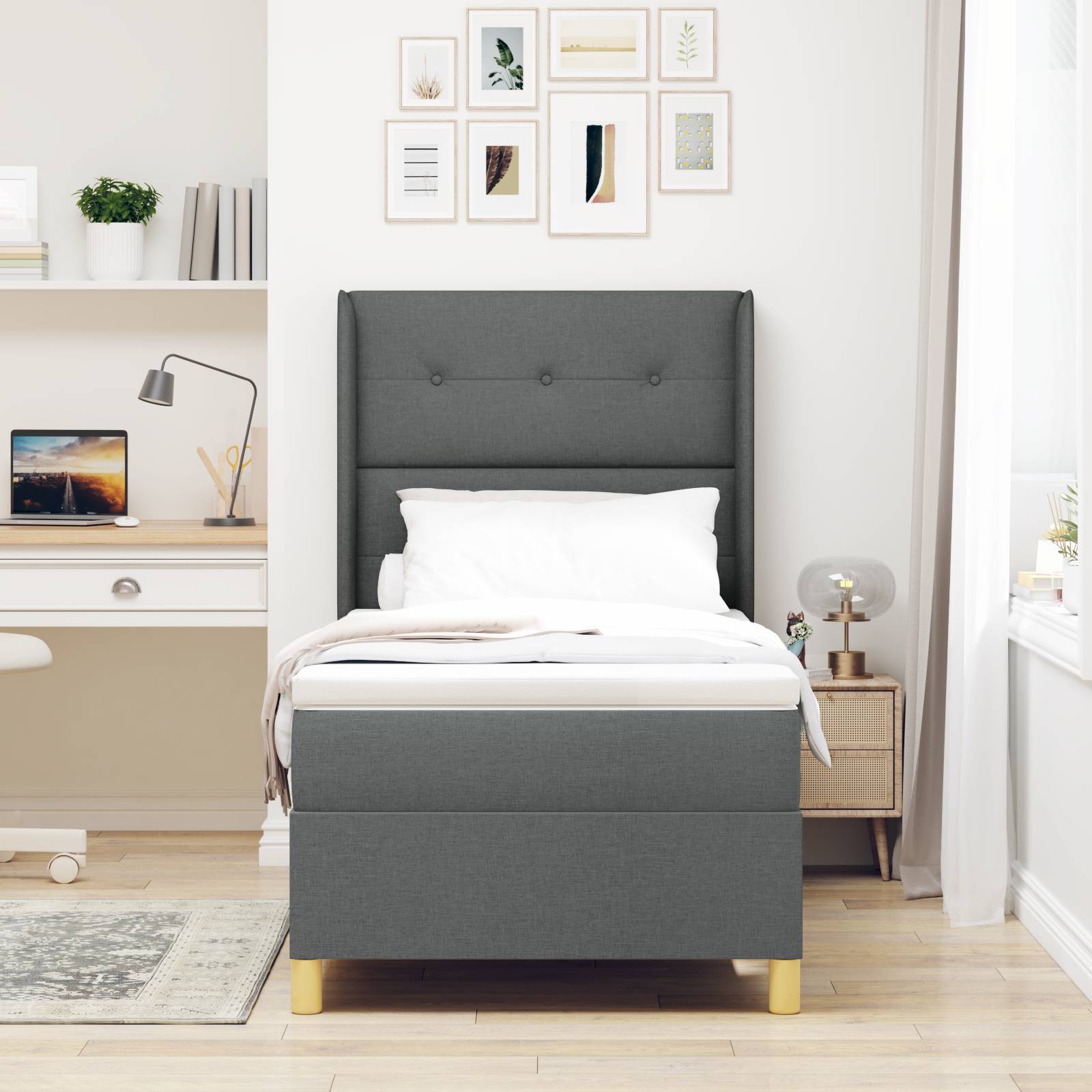 vidaXL Boxspringbett mit Matratze Dunkelgrau 100x200 cm Stoff
