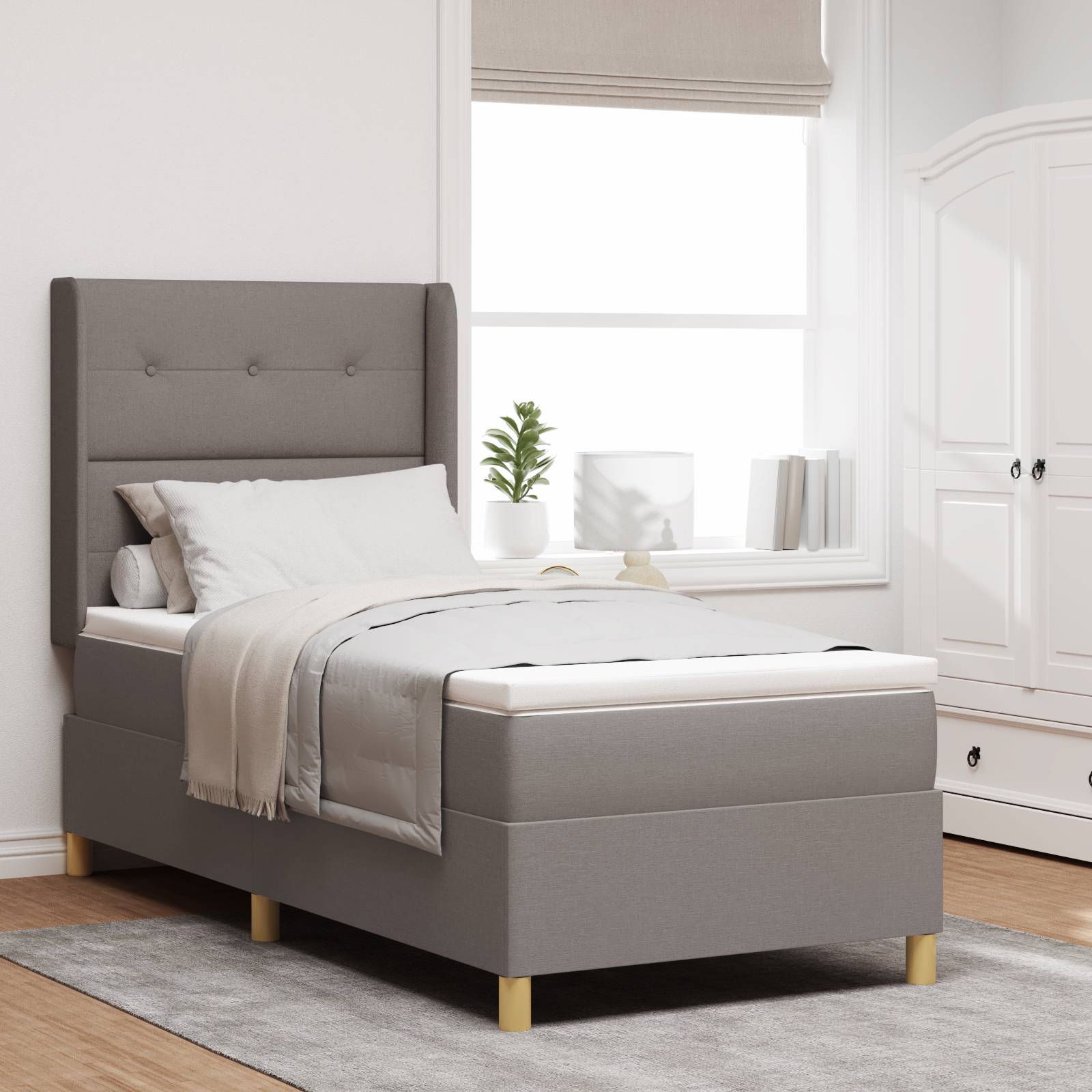 vidaXL LED Boxspringbett mit Matratze Taupe 90x200 cm Stoff