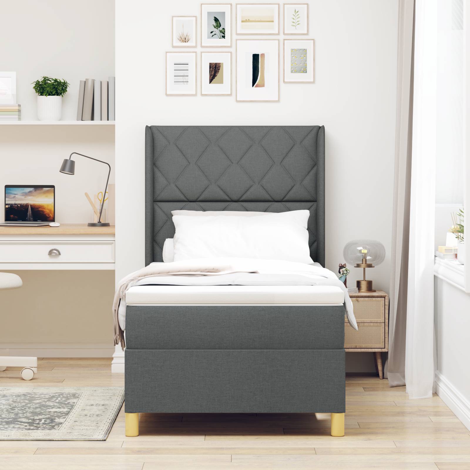 vidaXL LED Boxspringbett mit Matratze Dunkelgrau 90x190 cm Stoff