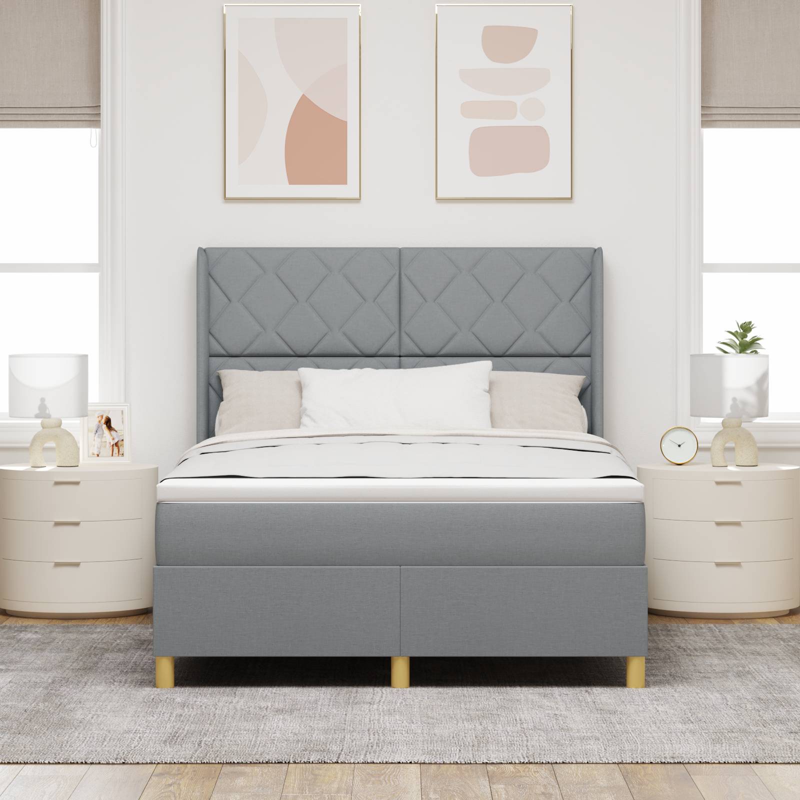 vidaXL LED Boxspringbett mit Matratze Hellgrau 140x190 cm Stoff