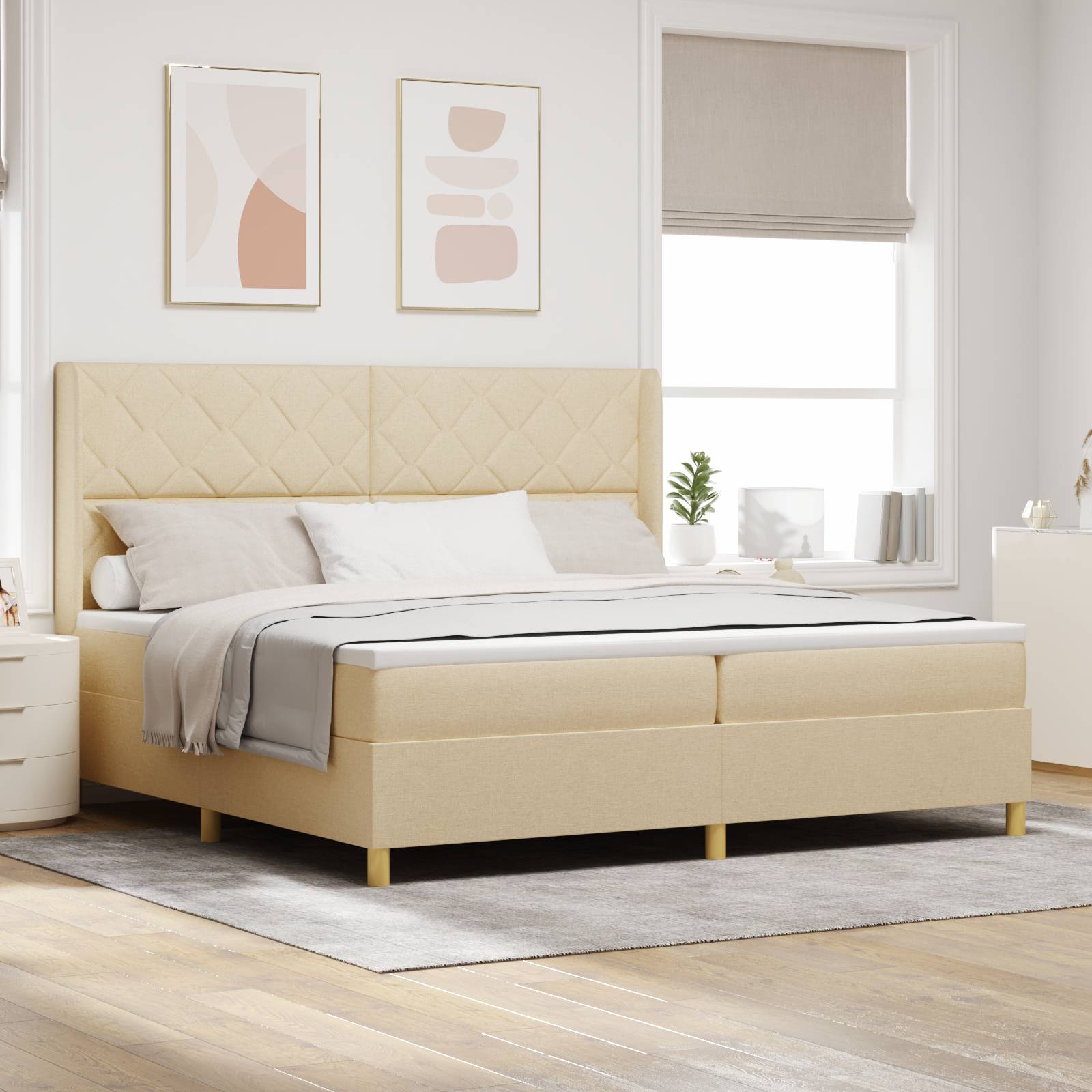 vidaXL LED Boxspringbett mit Matratze Creme 200x200 cm Stoff